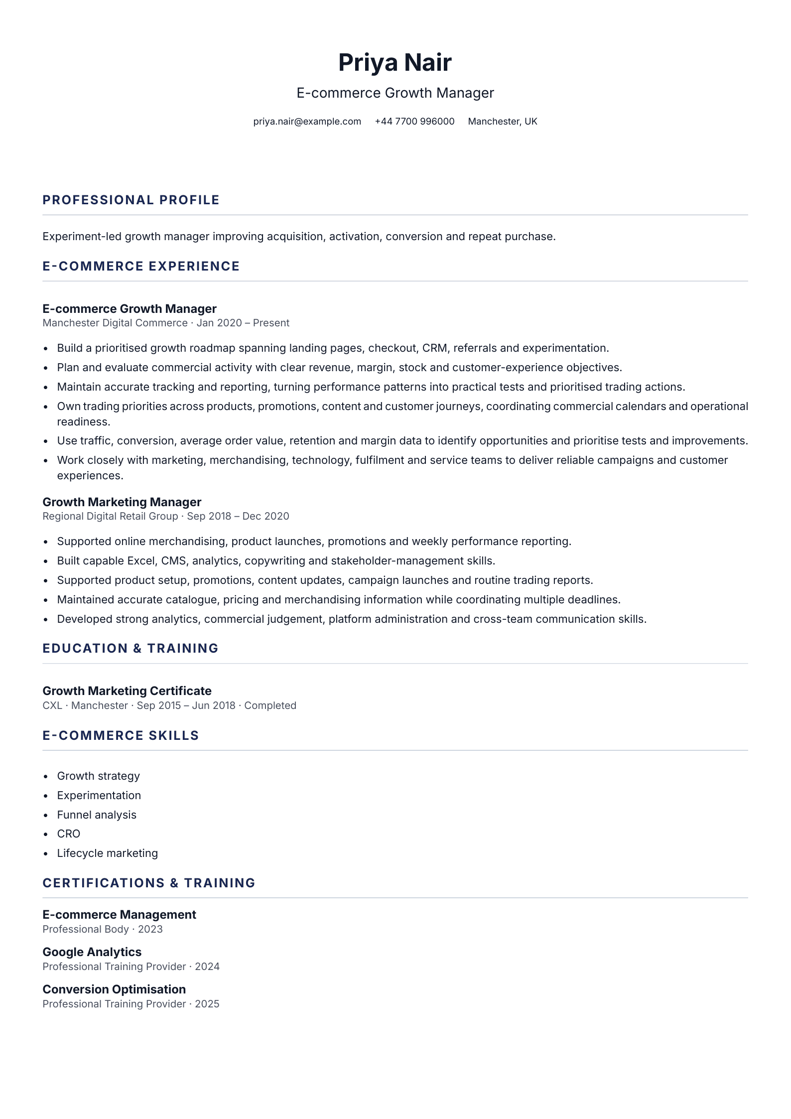 E-commerce Growth Manager CV template