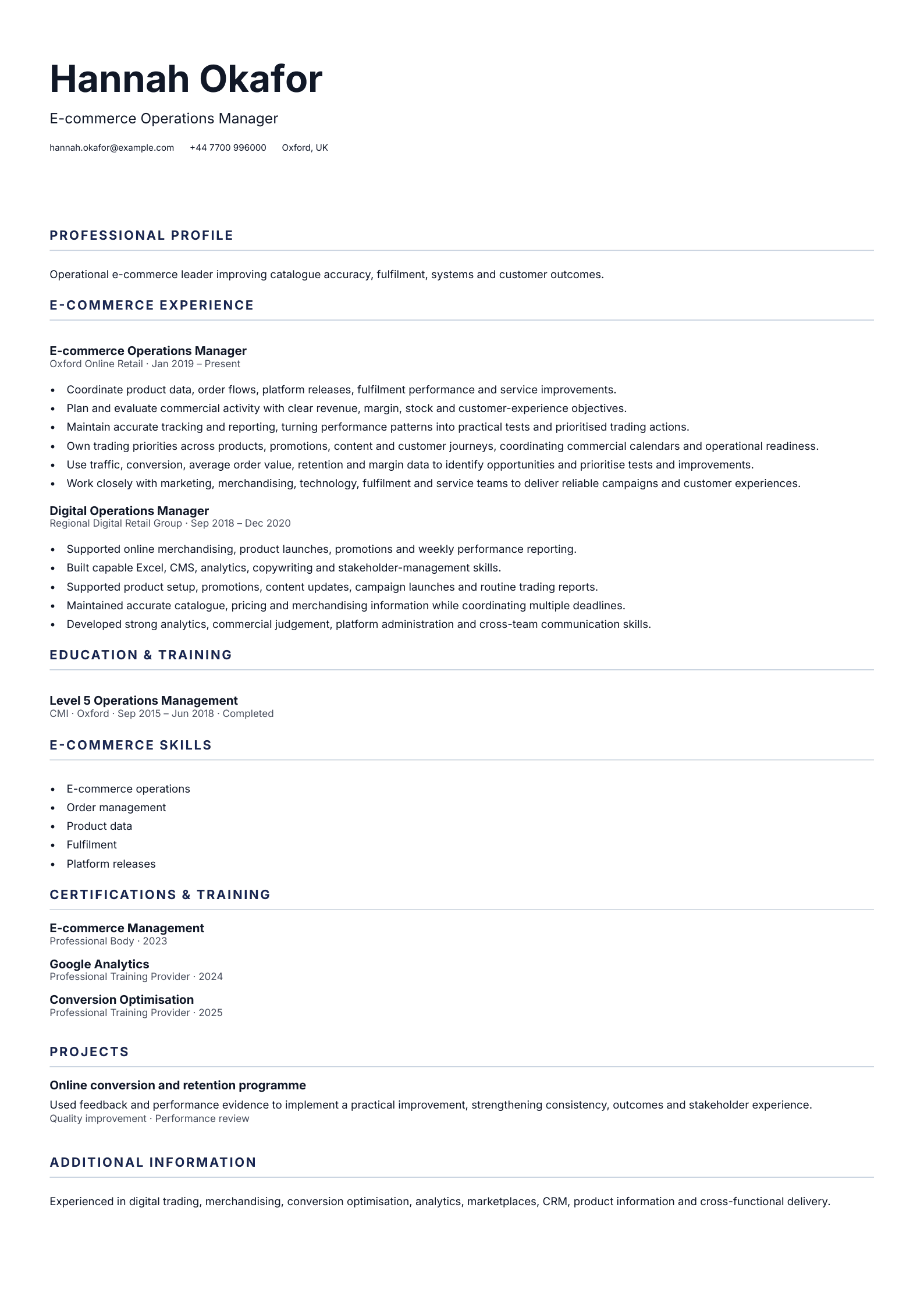 E-commerce Operations Manager CV template