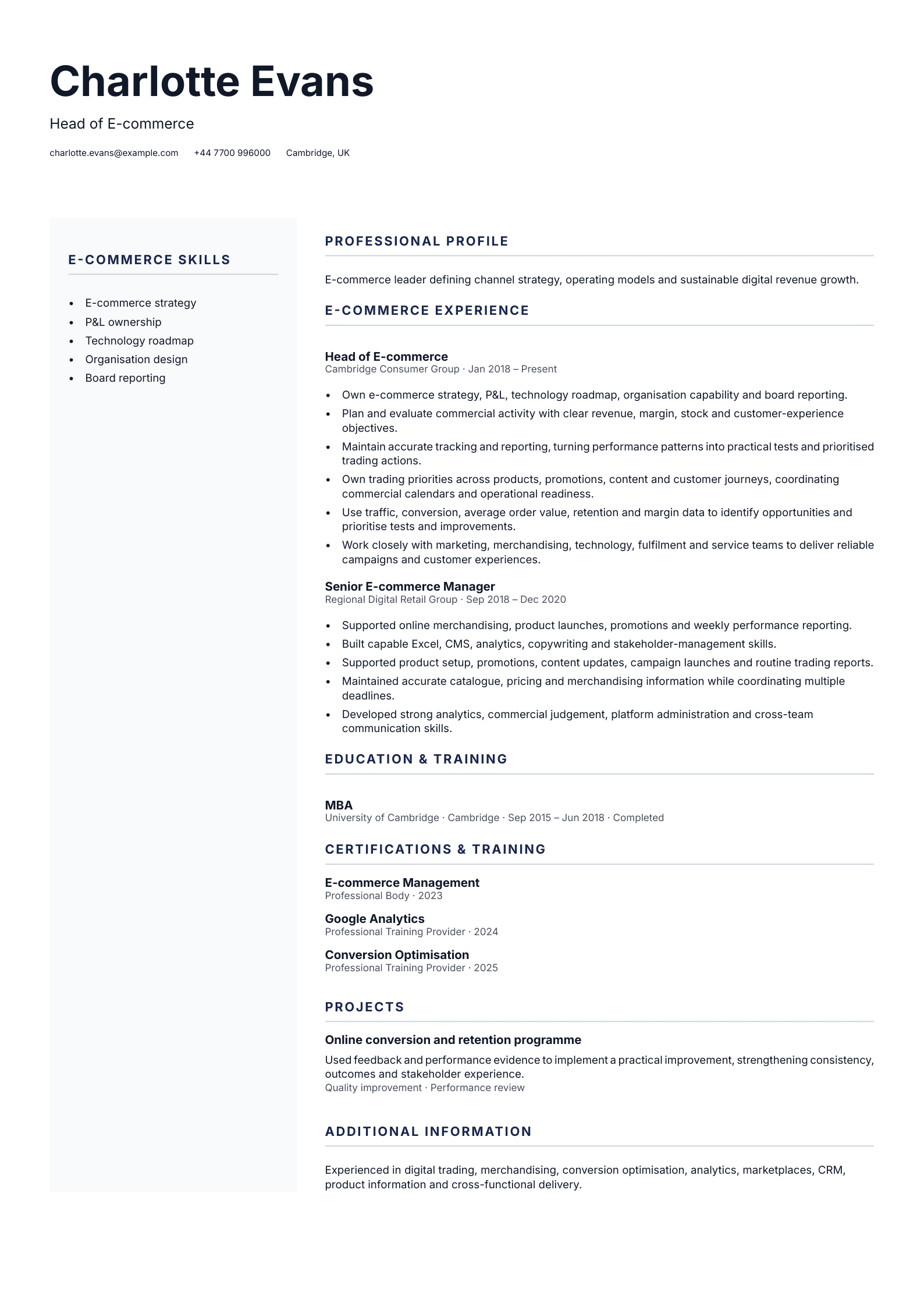 Head of E-commerce CV template