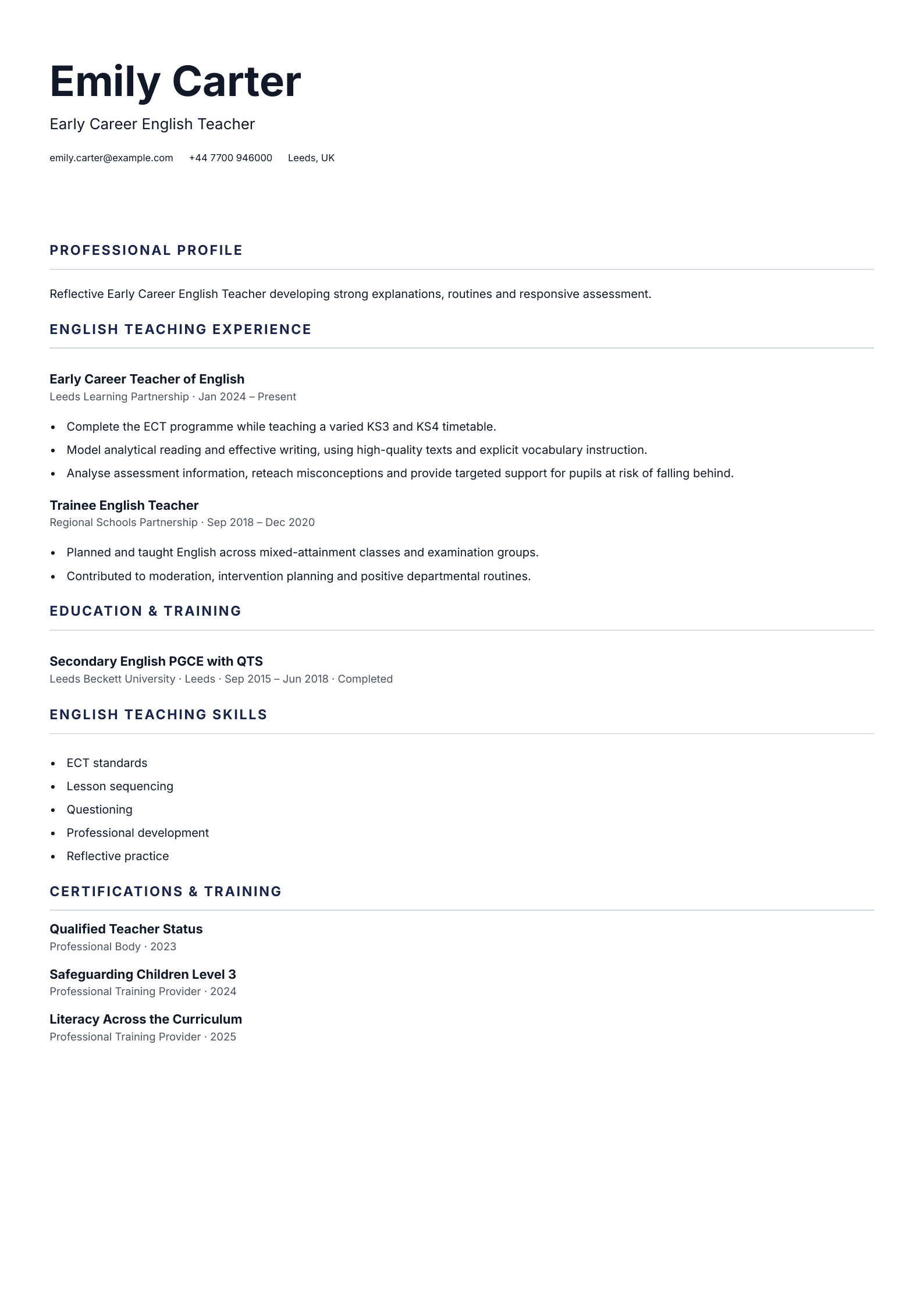 Early Career English Teacher CV template