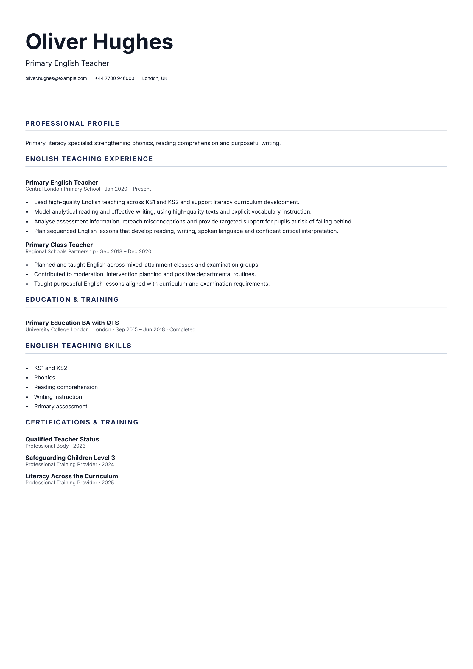 Primary English Teacher CV template