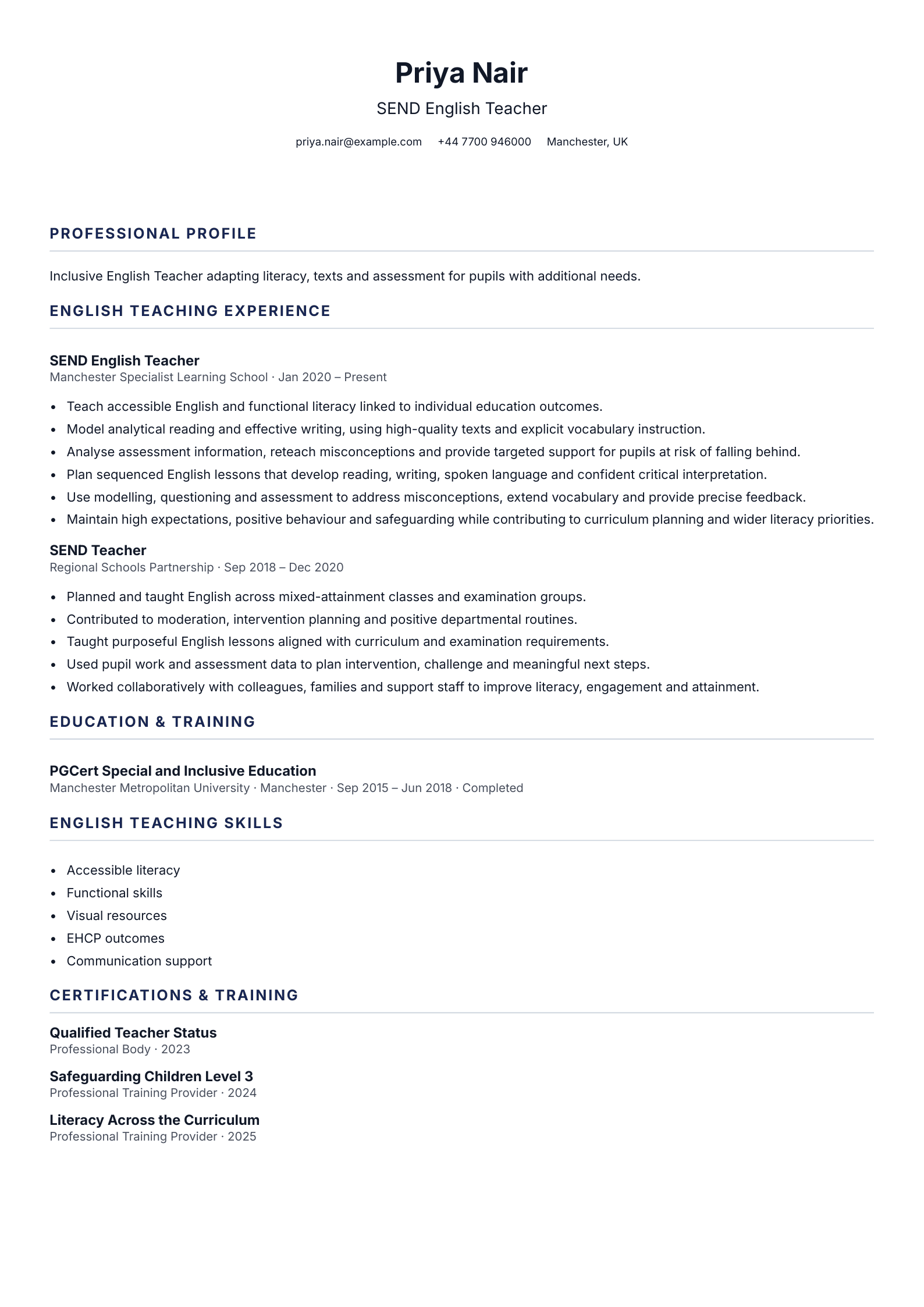 SEND English Teacher CV template