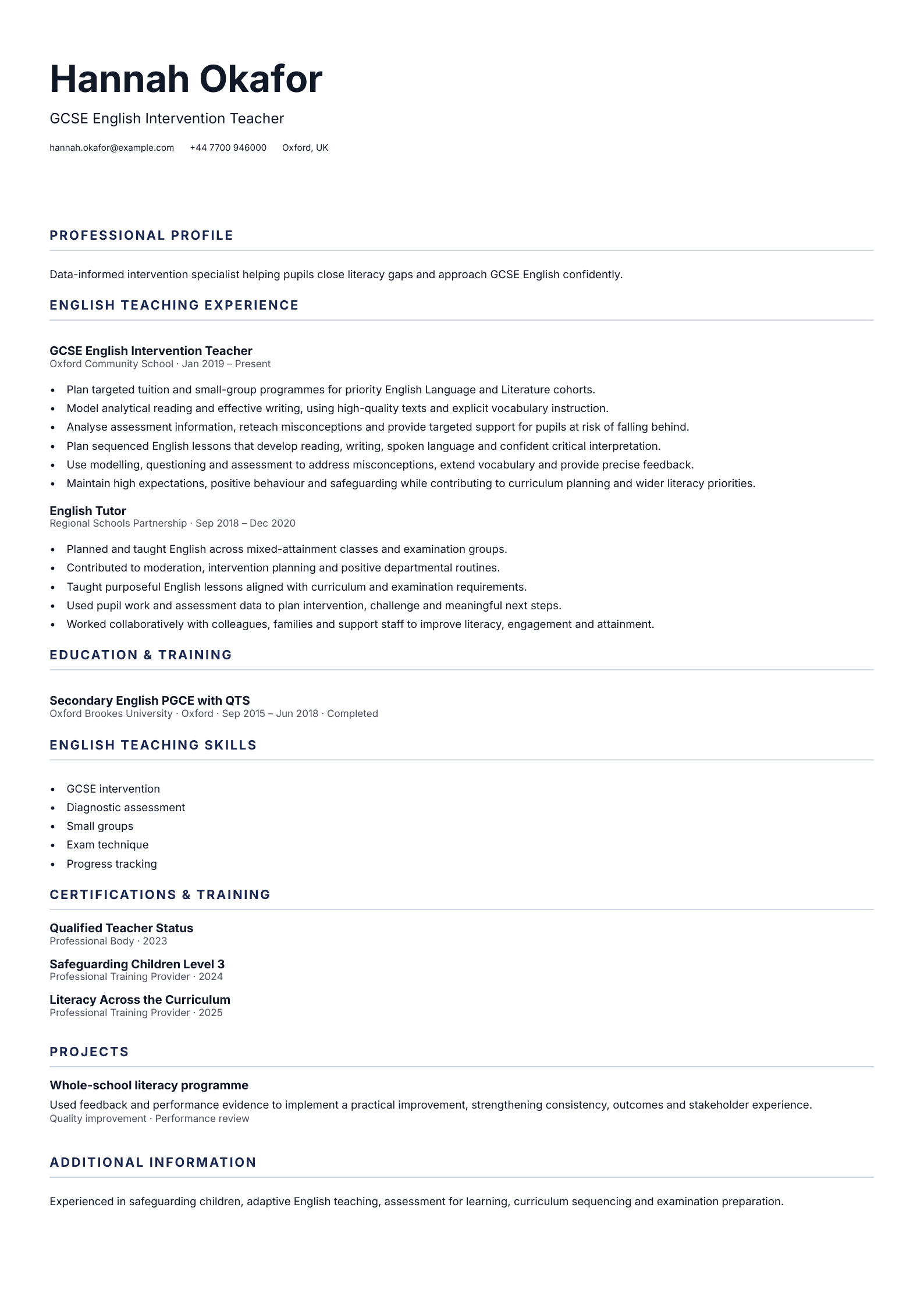 GCSE English Intervention Teacher CV template