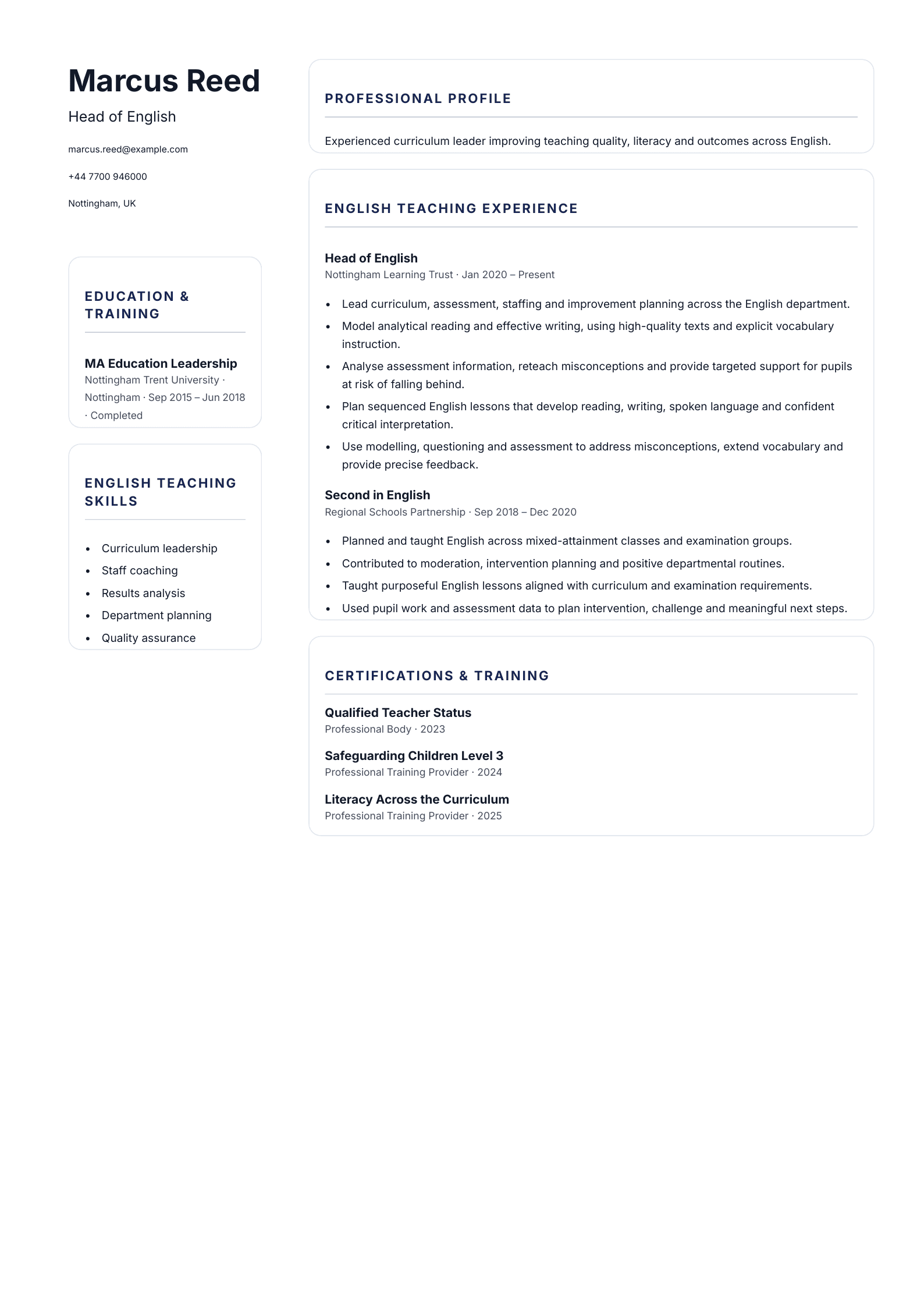 Head of English CV template