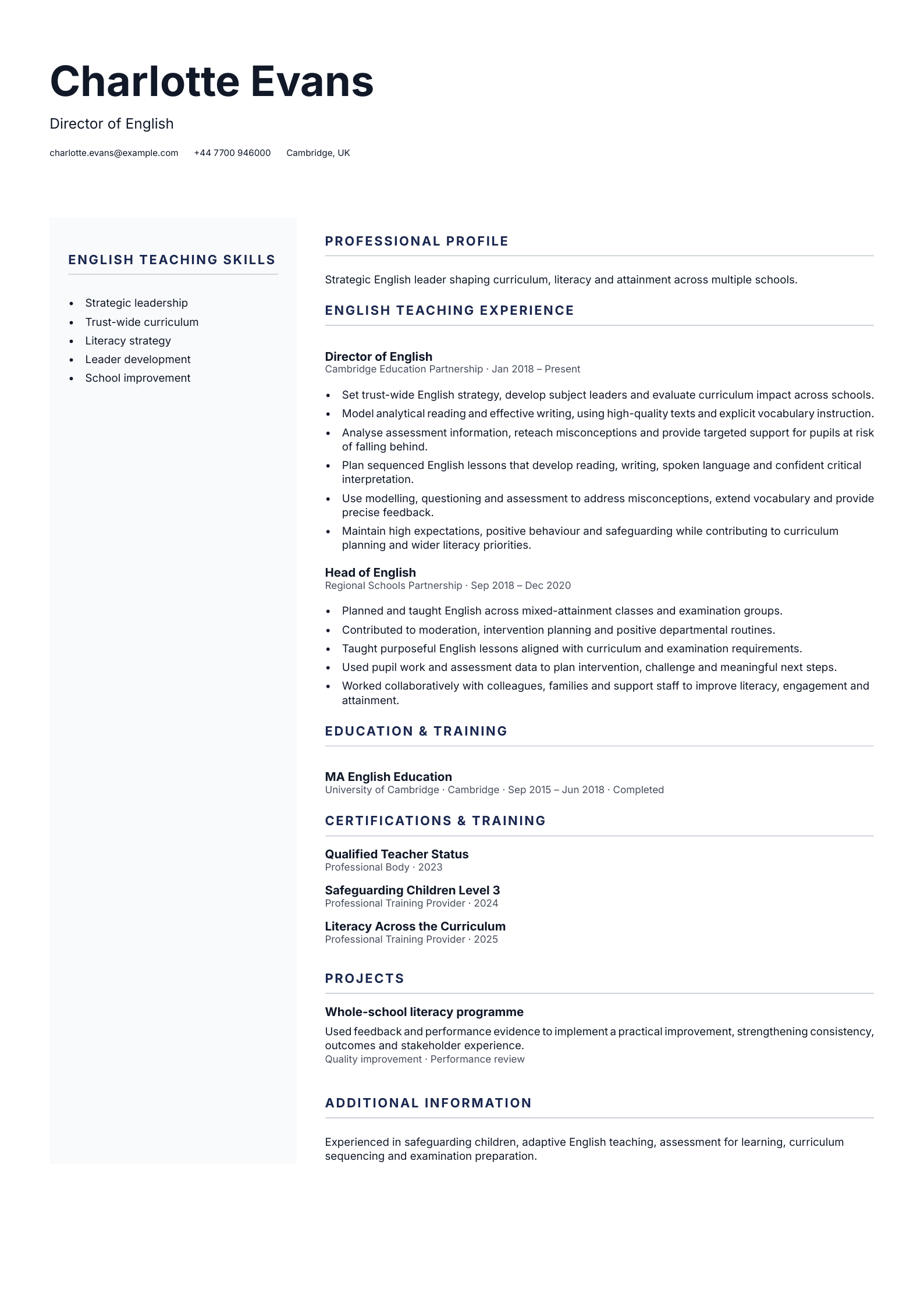Director of English CV template