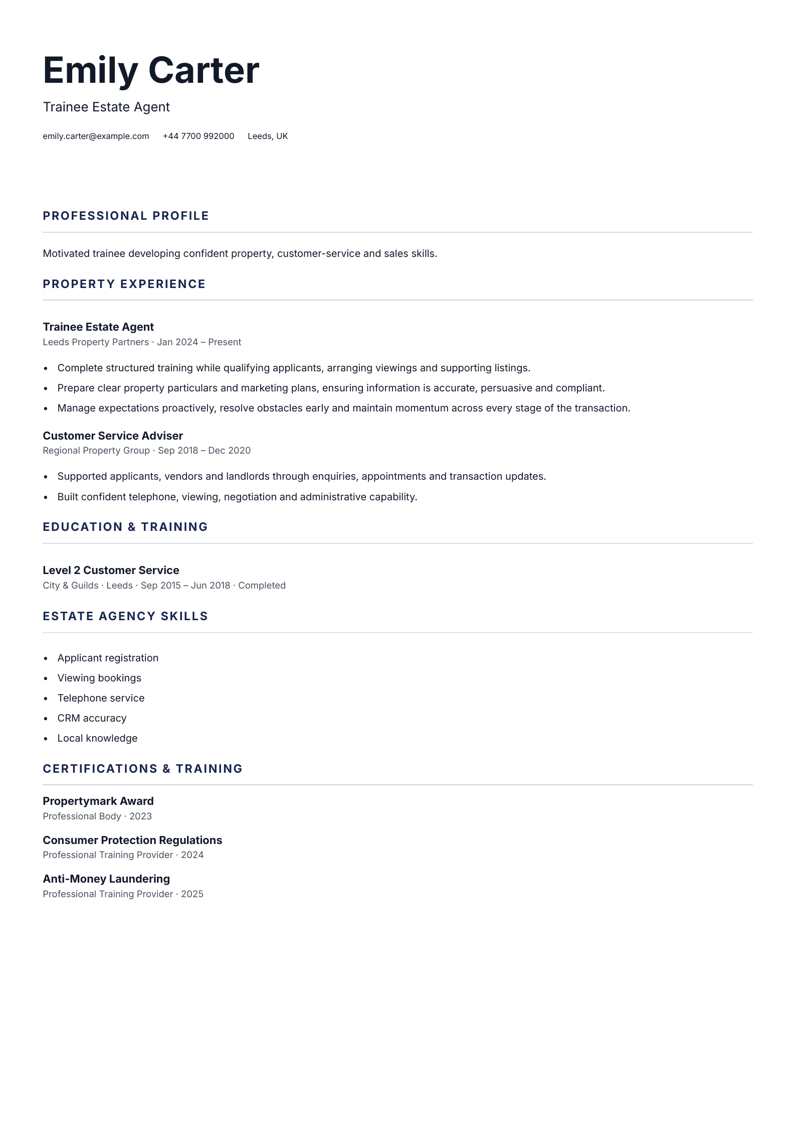 Trainee Estate Agent CV template