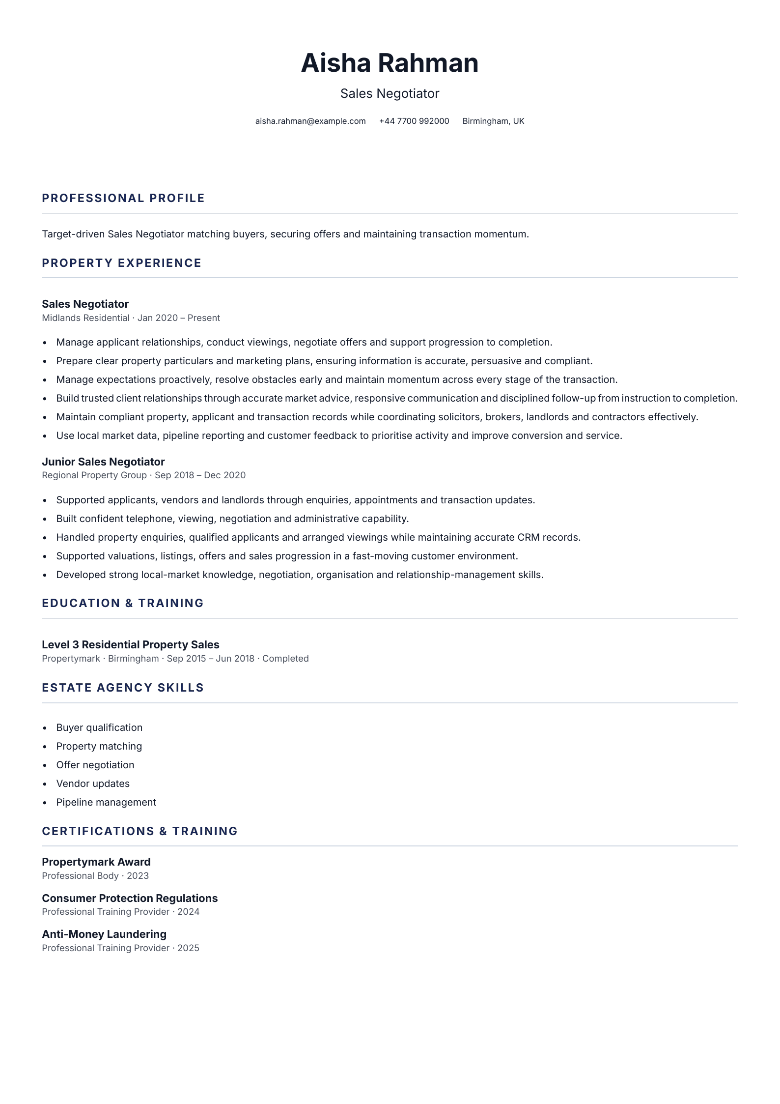 Sales Negotiator CV template
