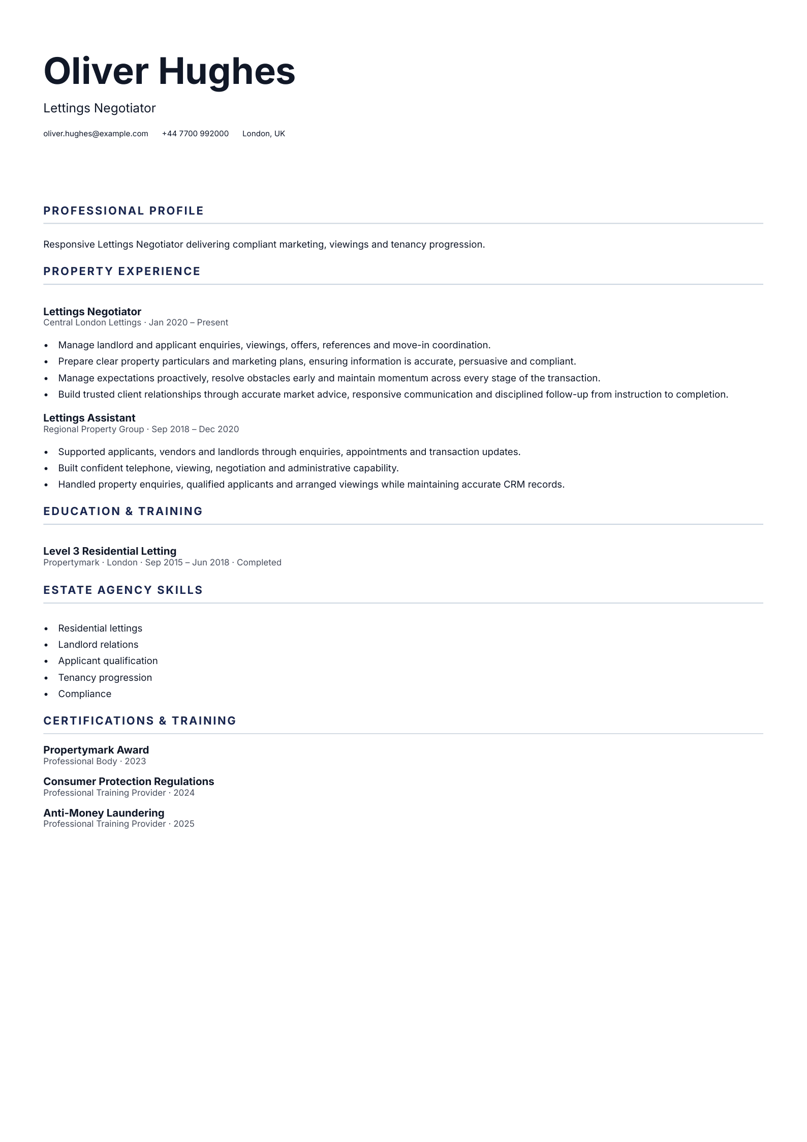 Lettings Negotiator CV template