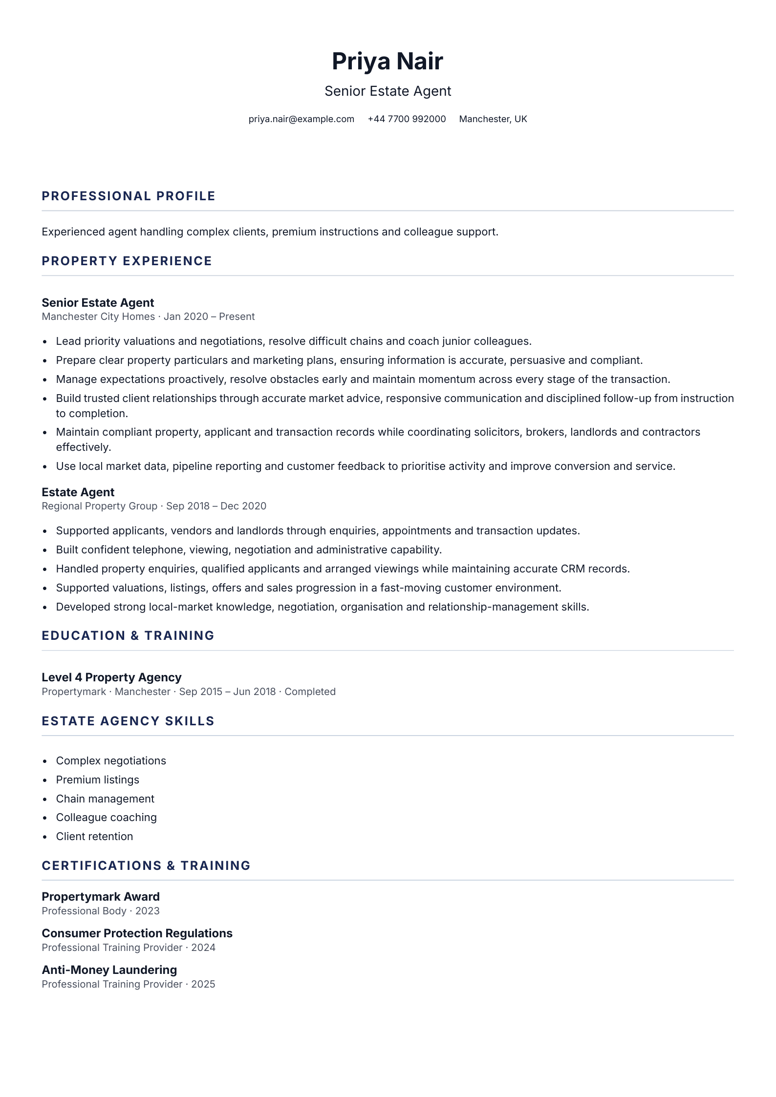 Senior Estate Agent CV template
