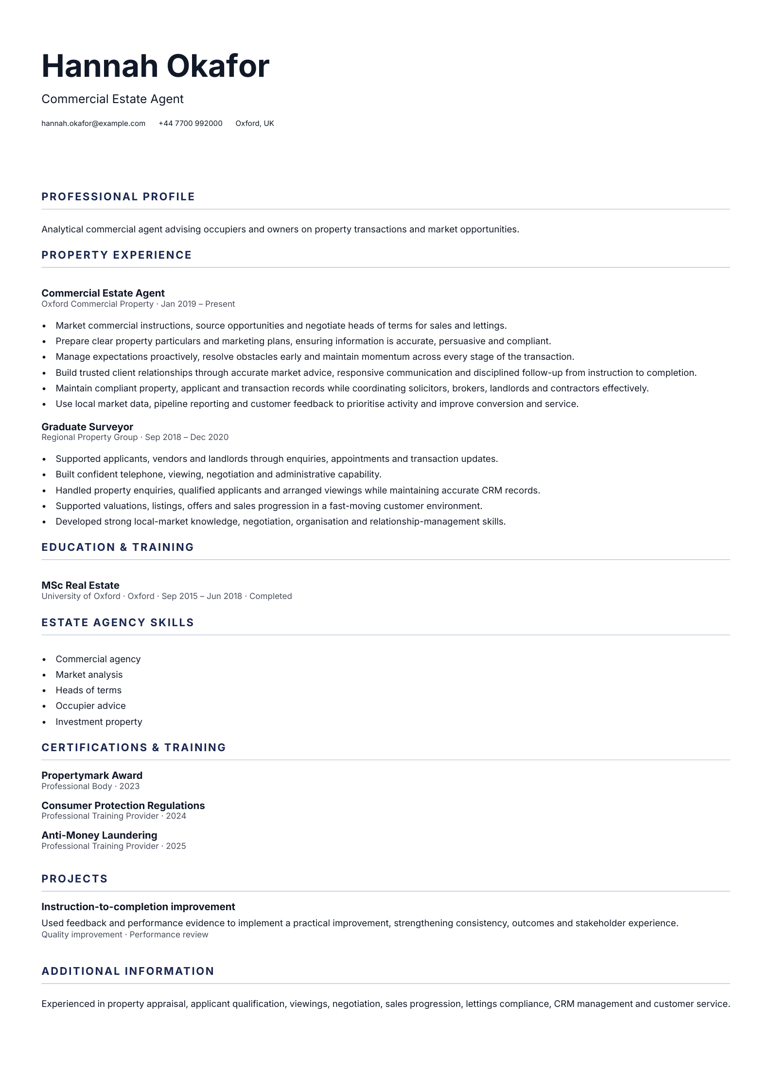 Commercial Estate Agent CV template