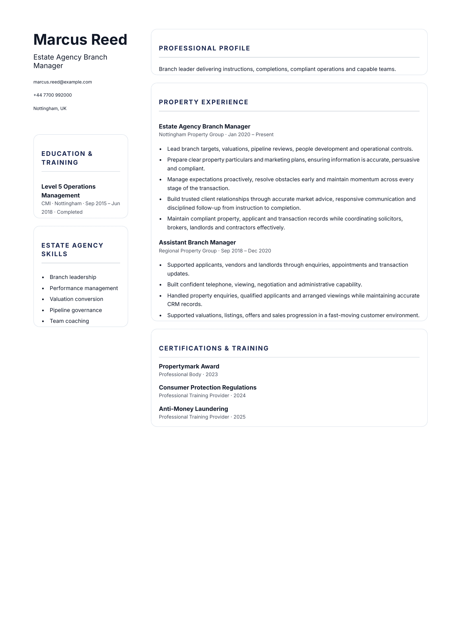 Estate Agency Branch Manager CV template