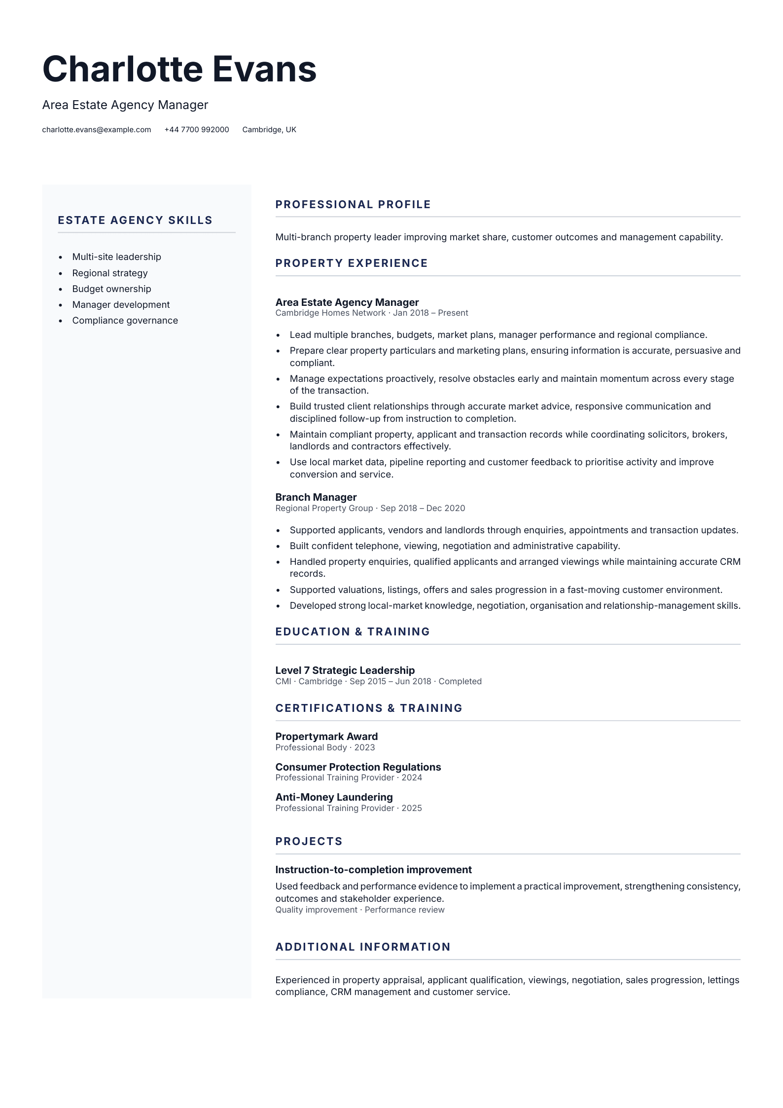 Area Estate Agency Manager CV template