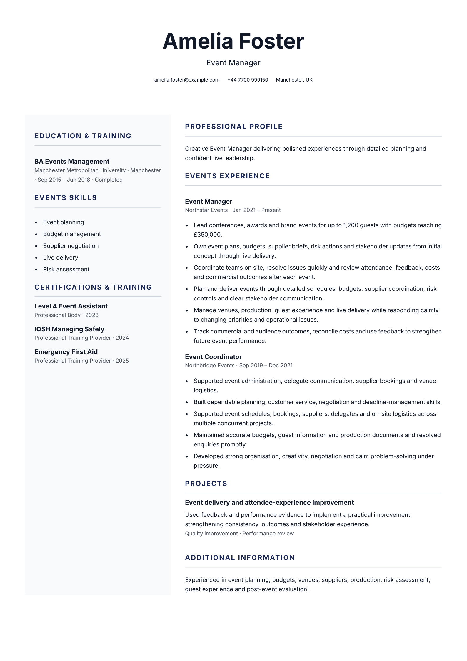Event manager CV