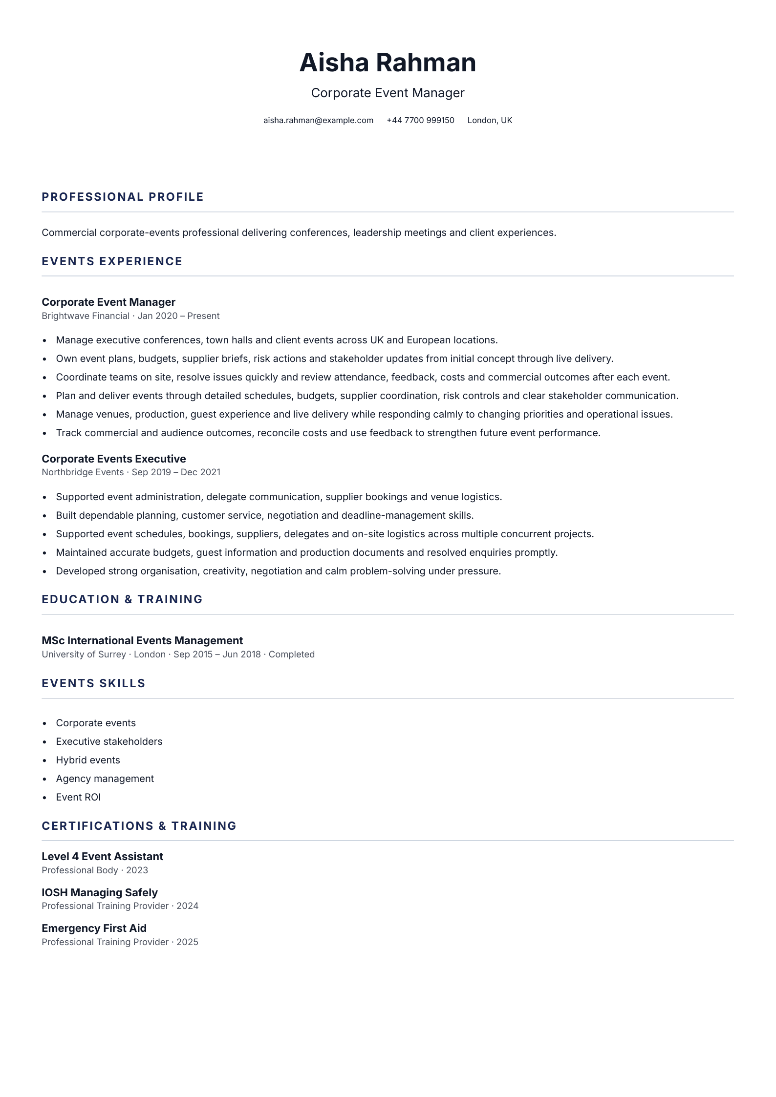 Corporate Event Manager CV template