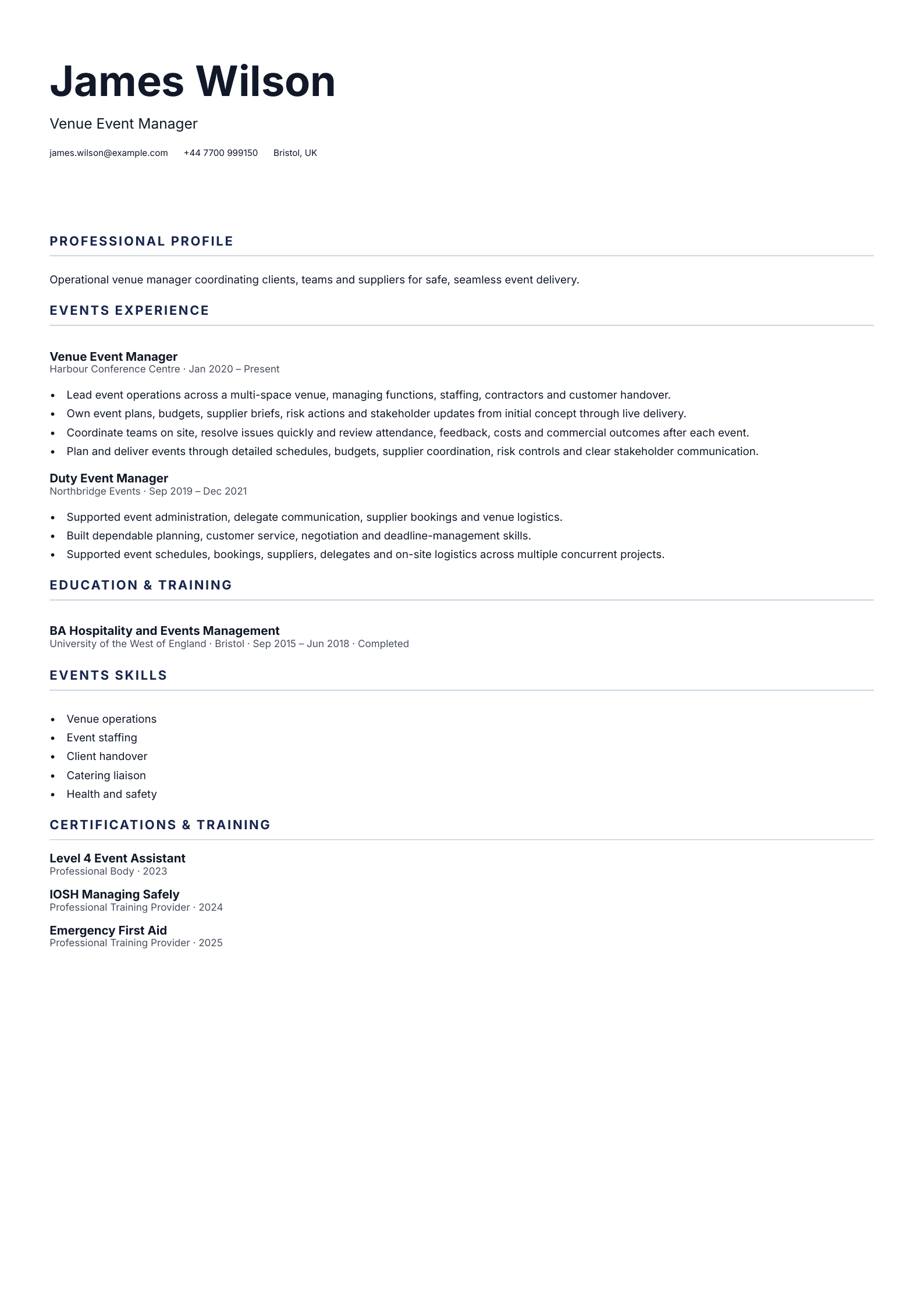 Venue Event Manager CV template