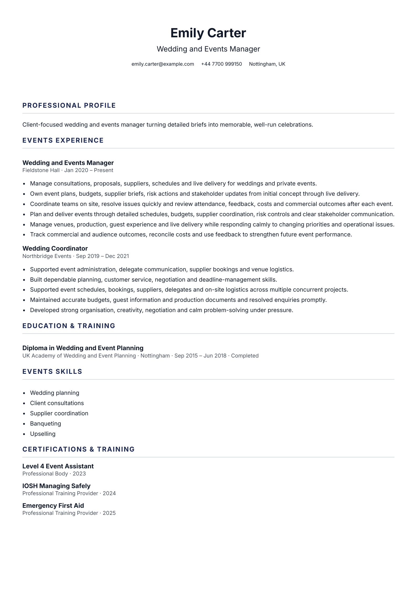 Wedding and Events Manager CV template