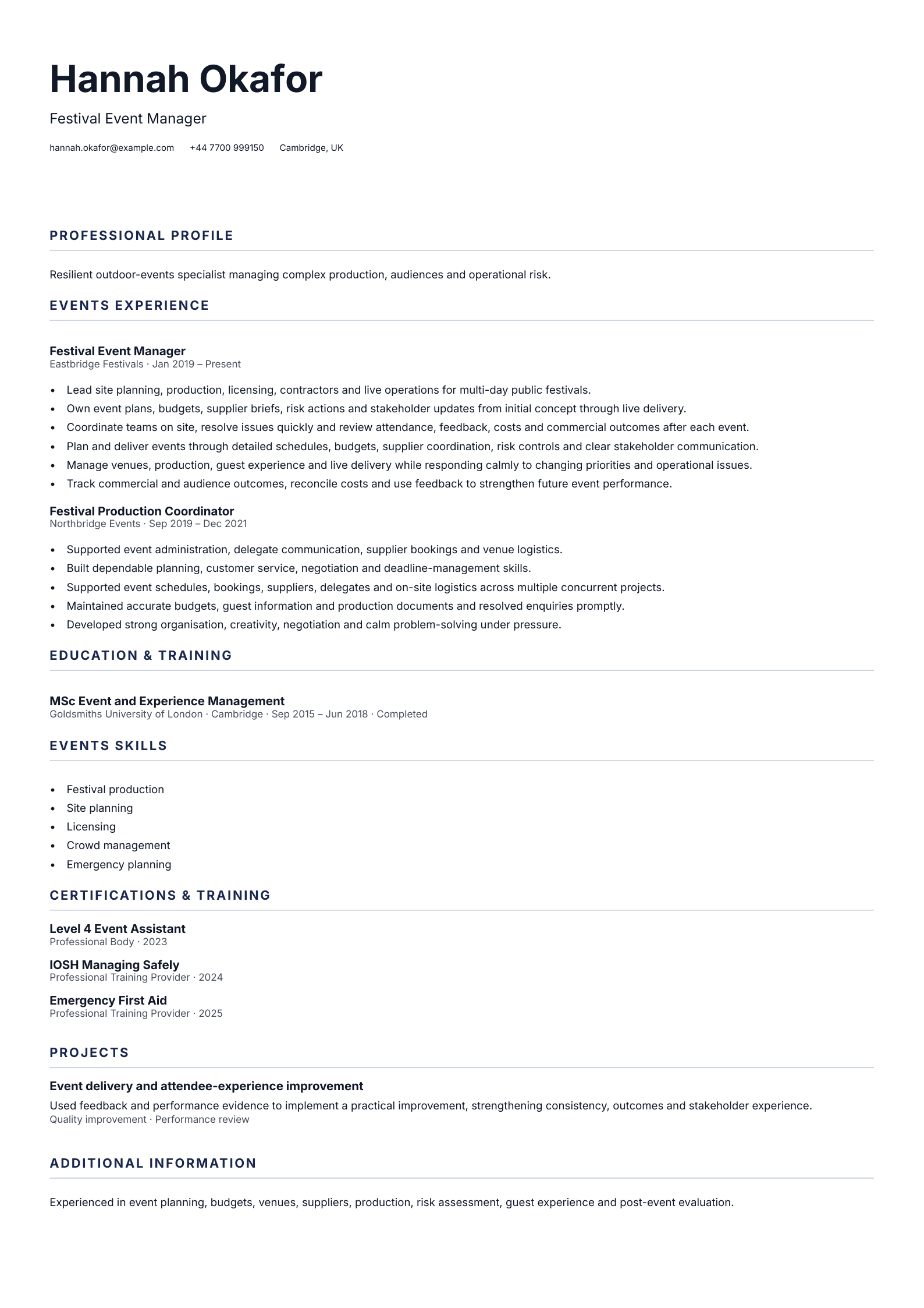 Festival Event Manager CV template