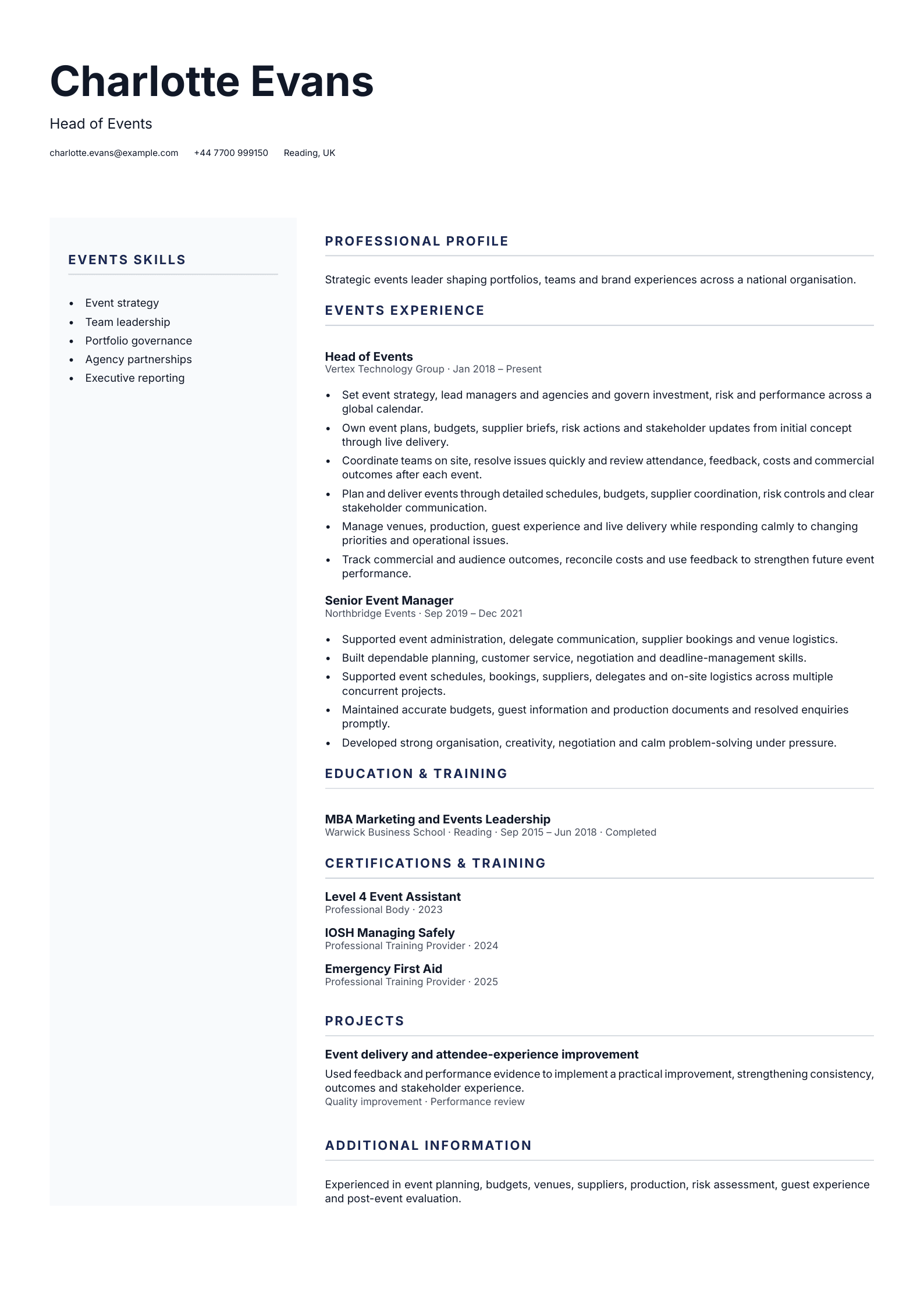 Head of Events CV template