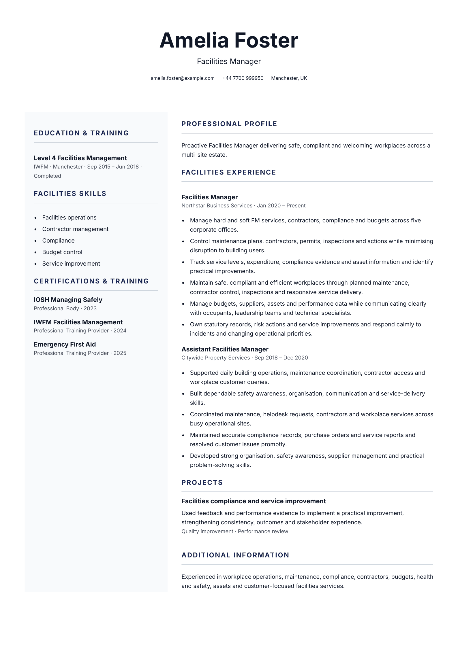 Facilities manager CV