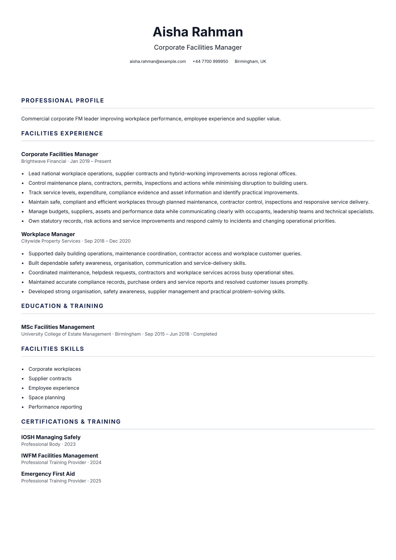 Corporate Facilities Manager CV template