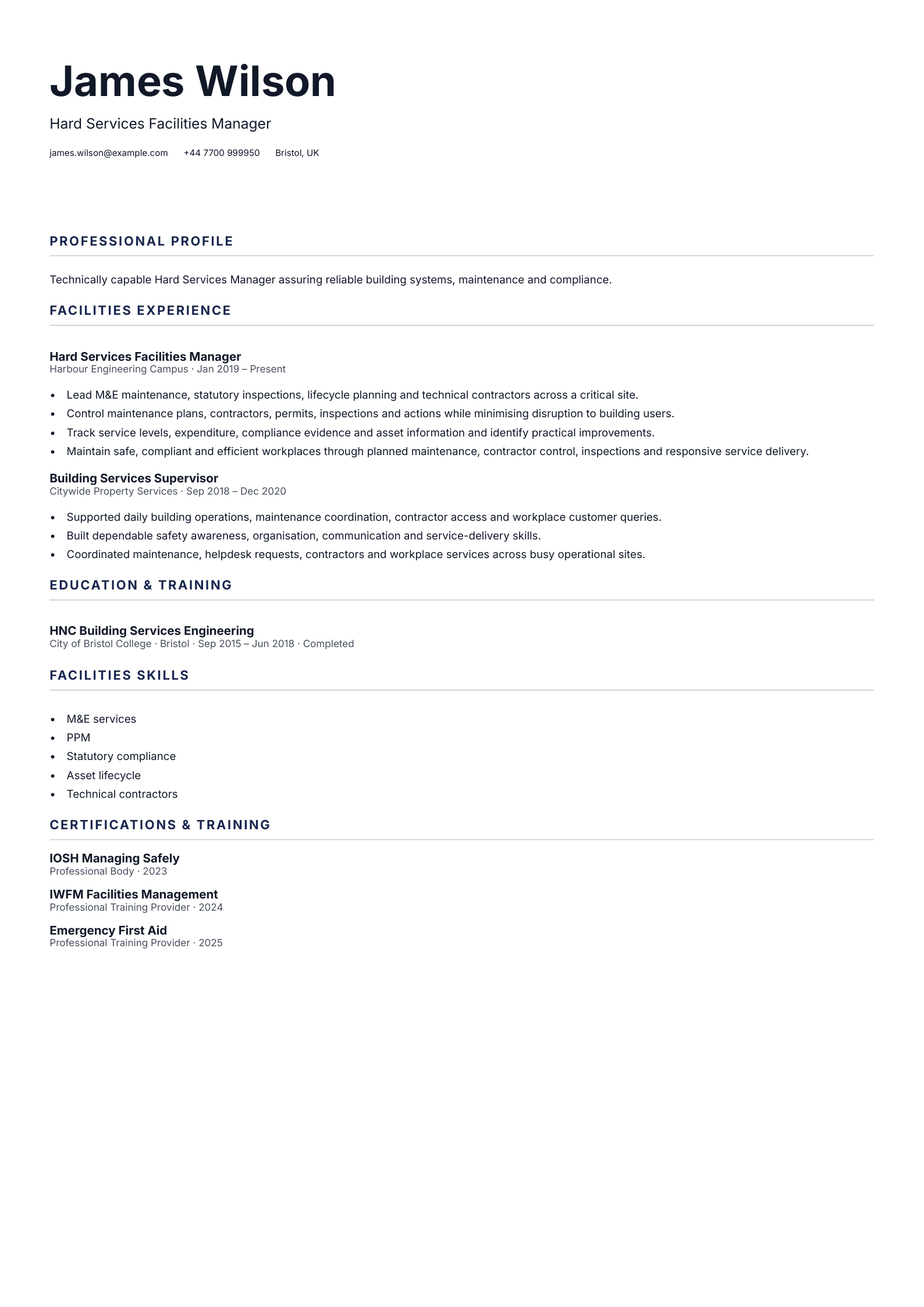 Hard Services Facilities Manager CV template