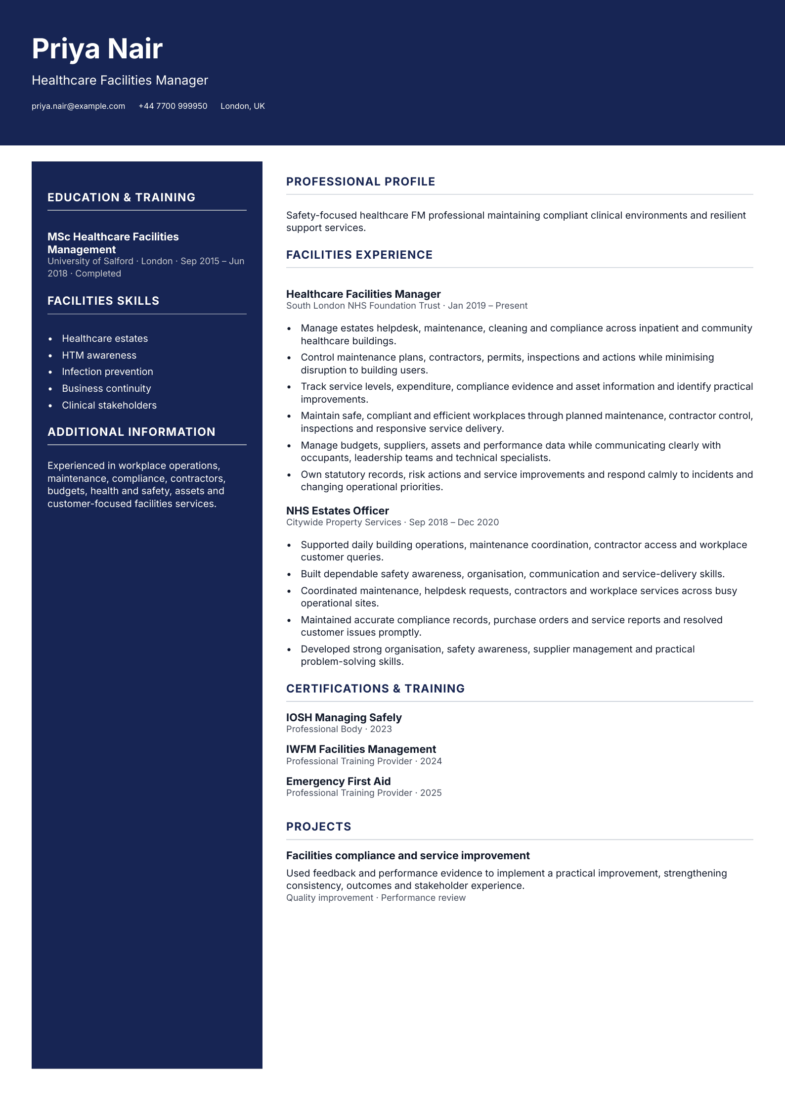 Healthcare Facilities Manager CV template