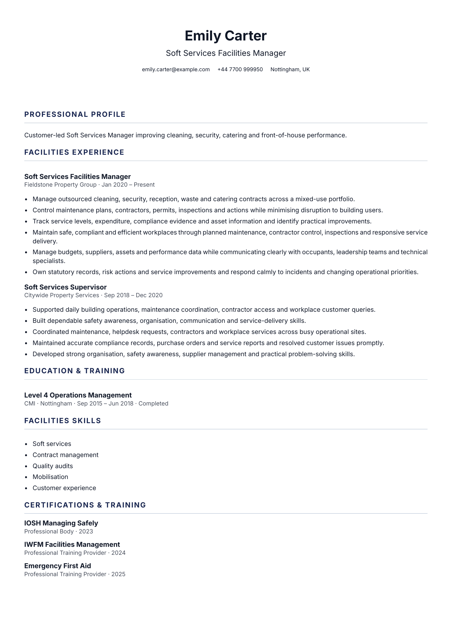 Soft Services Facilities Manager CV template