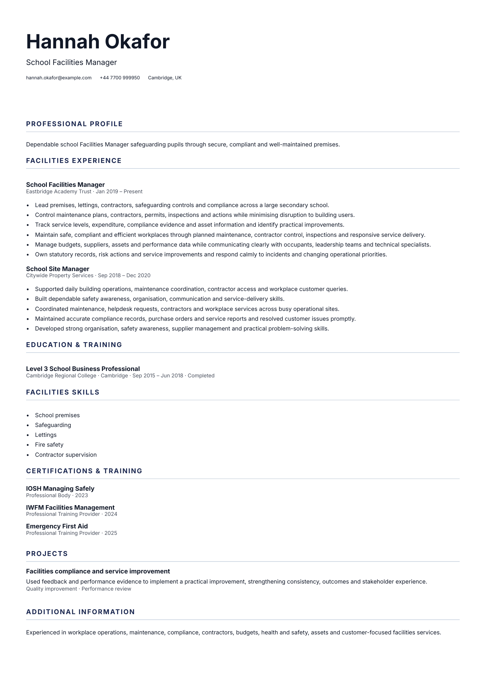 School Facilities Manager CV template