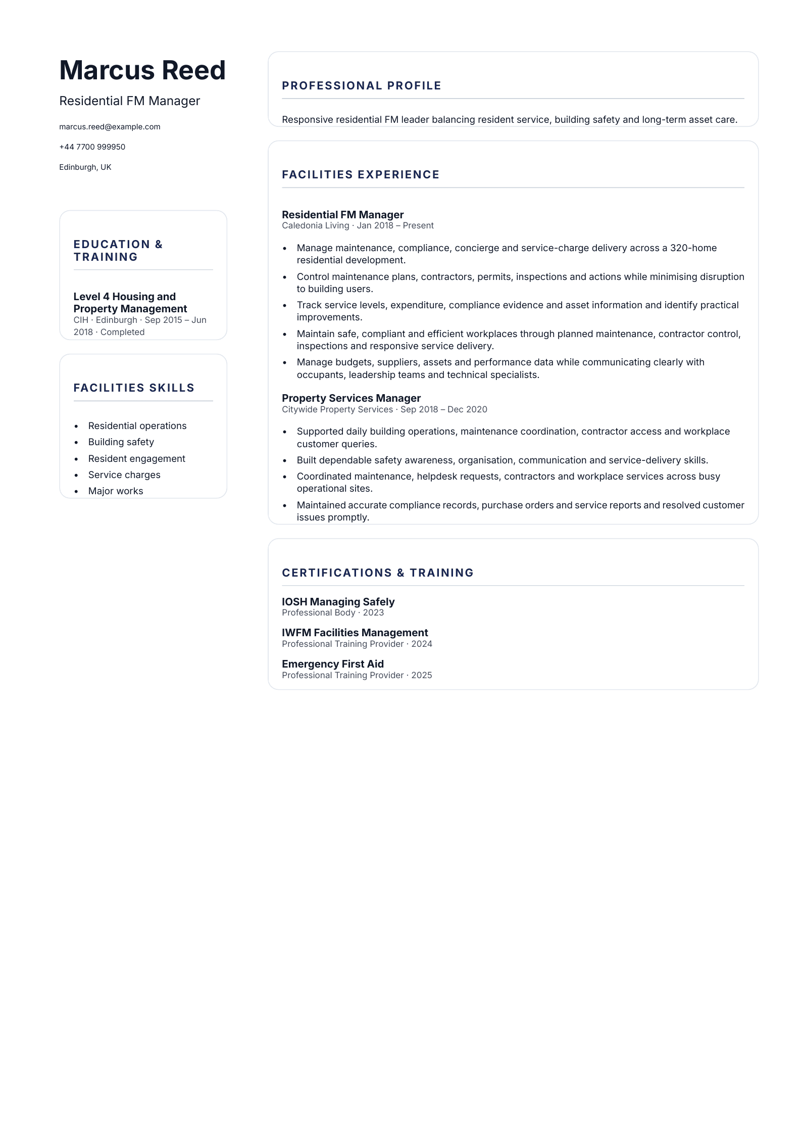 Residential Facilities Manager CV template