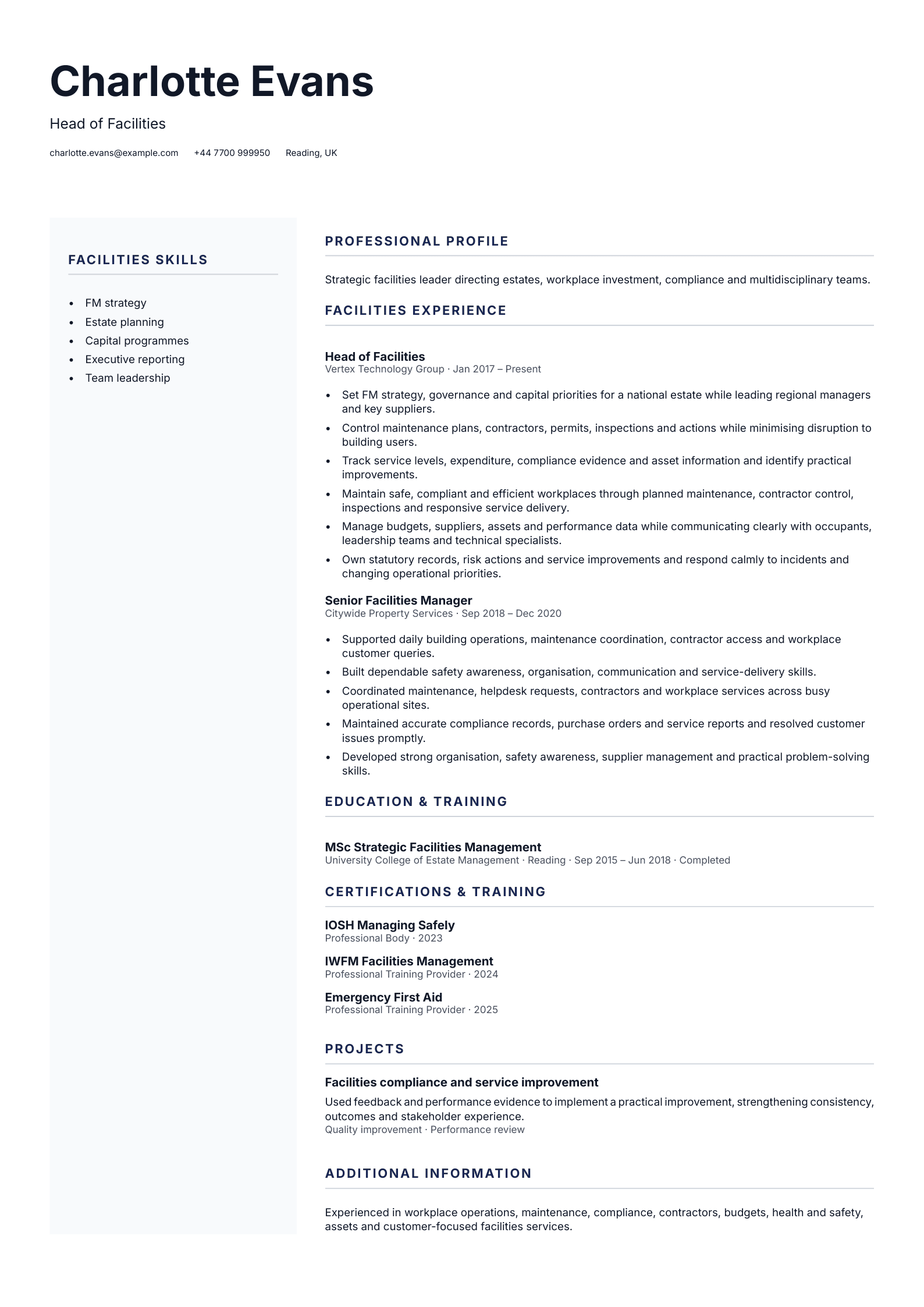 Head of Facilities CV template