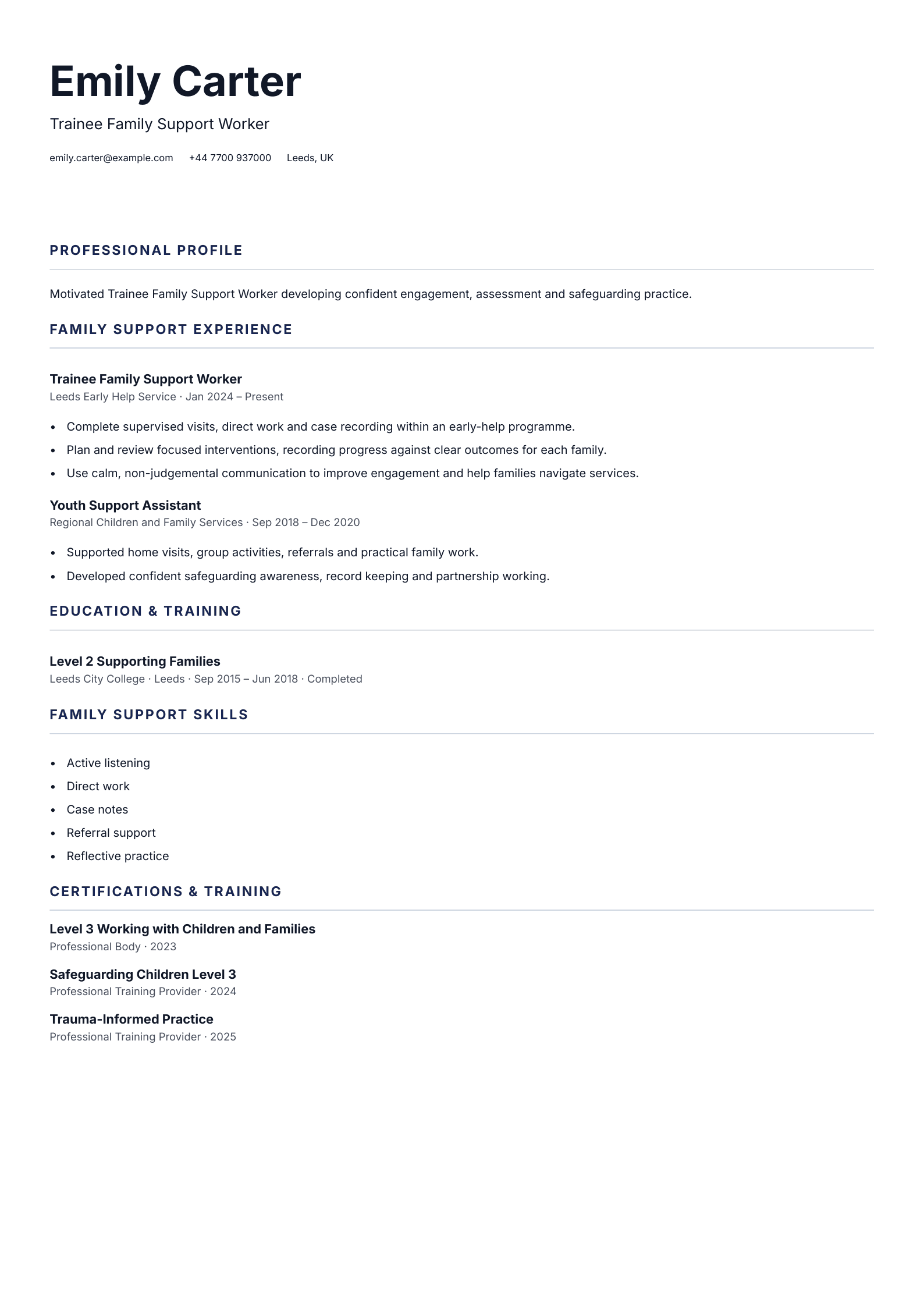 Trainee Family Support Worker CV template