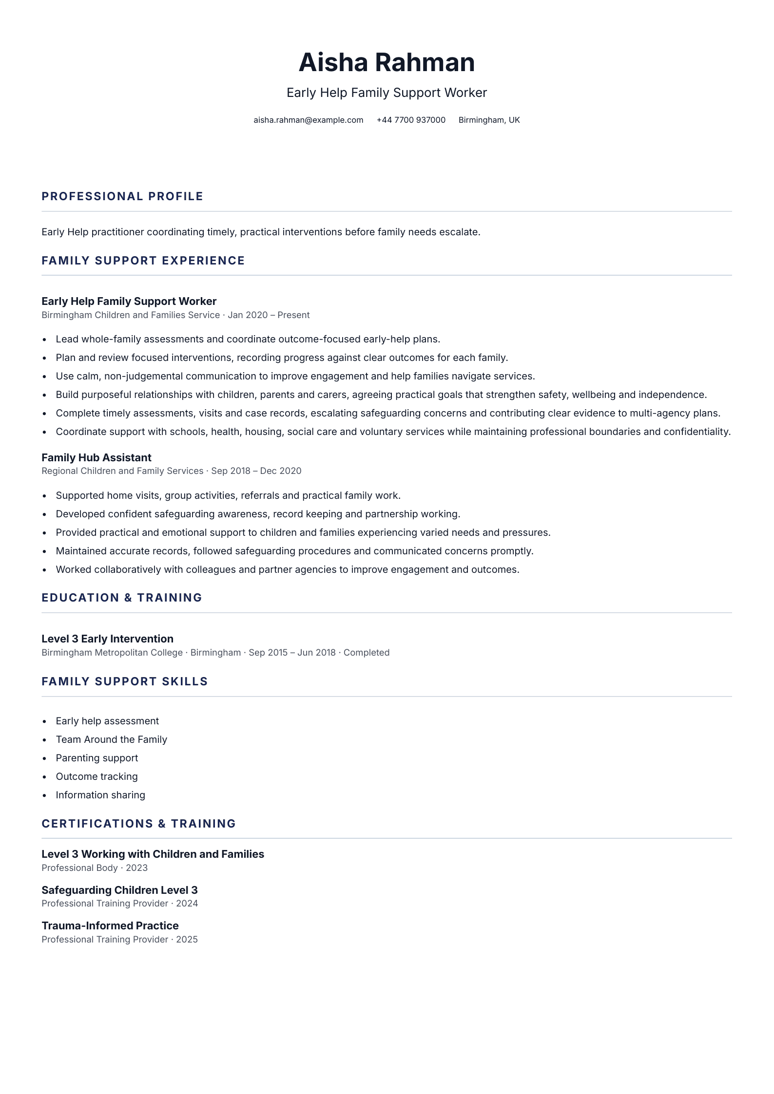 Early Help Family Support Worker CV template