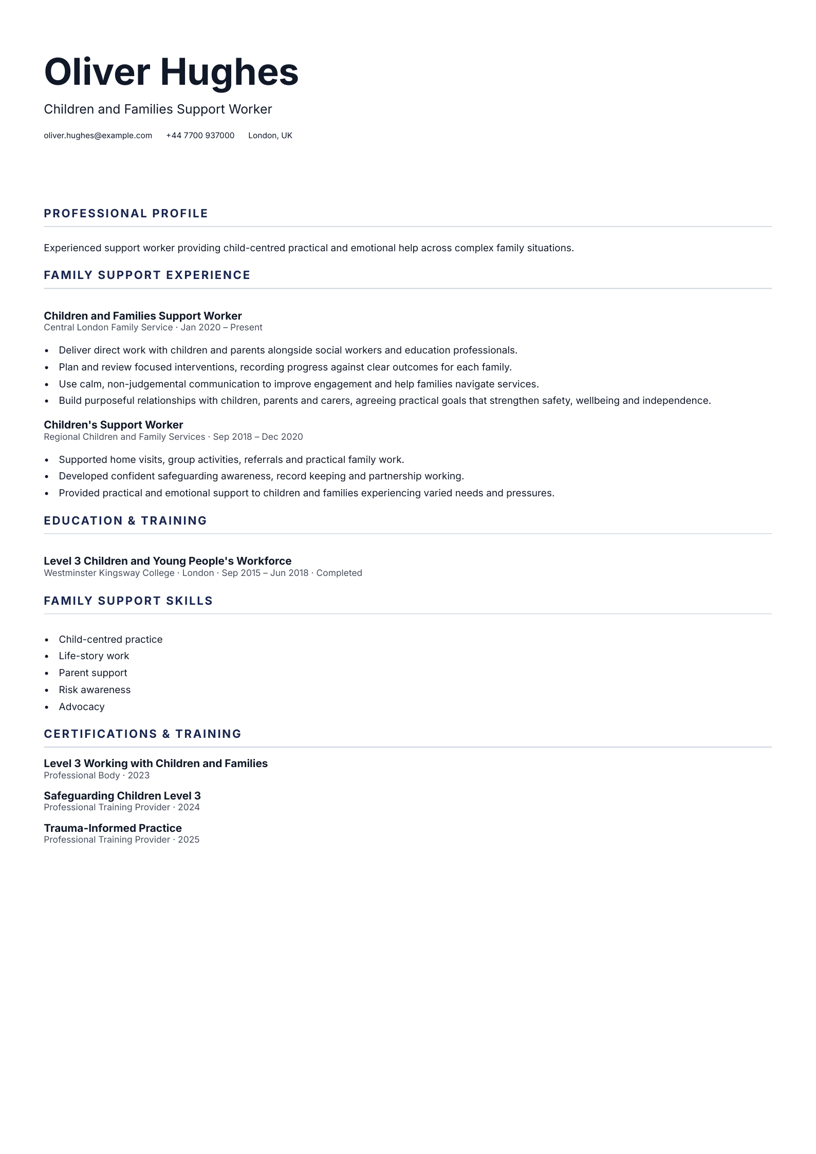 Children and Families Support Worker CV template