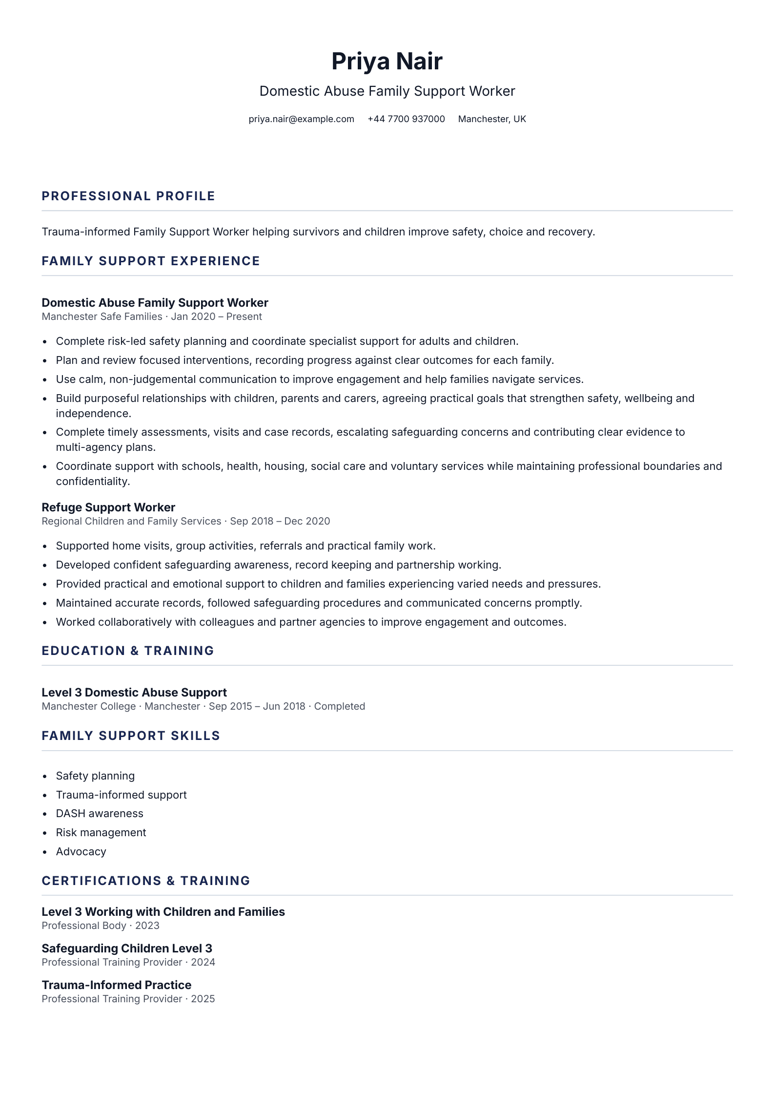 Domestic Abuse Family Support Worker CV template