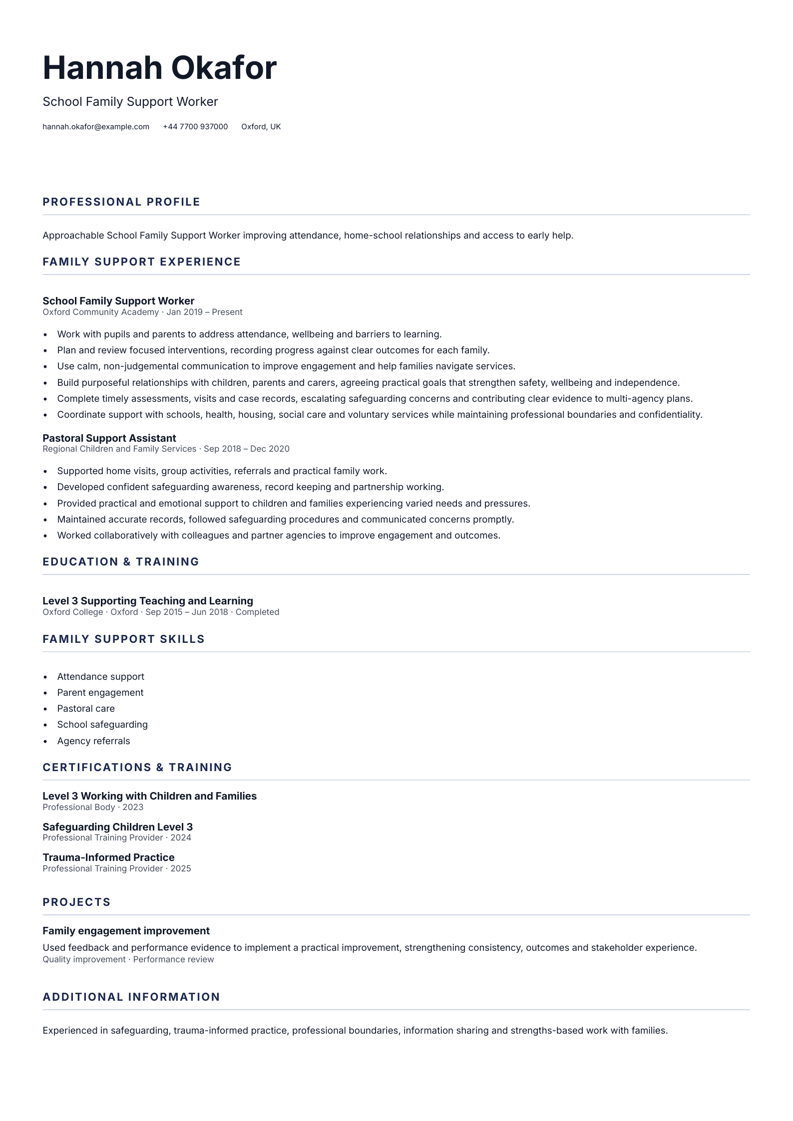 School Family Support Worker CV template