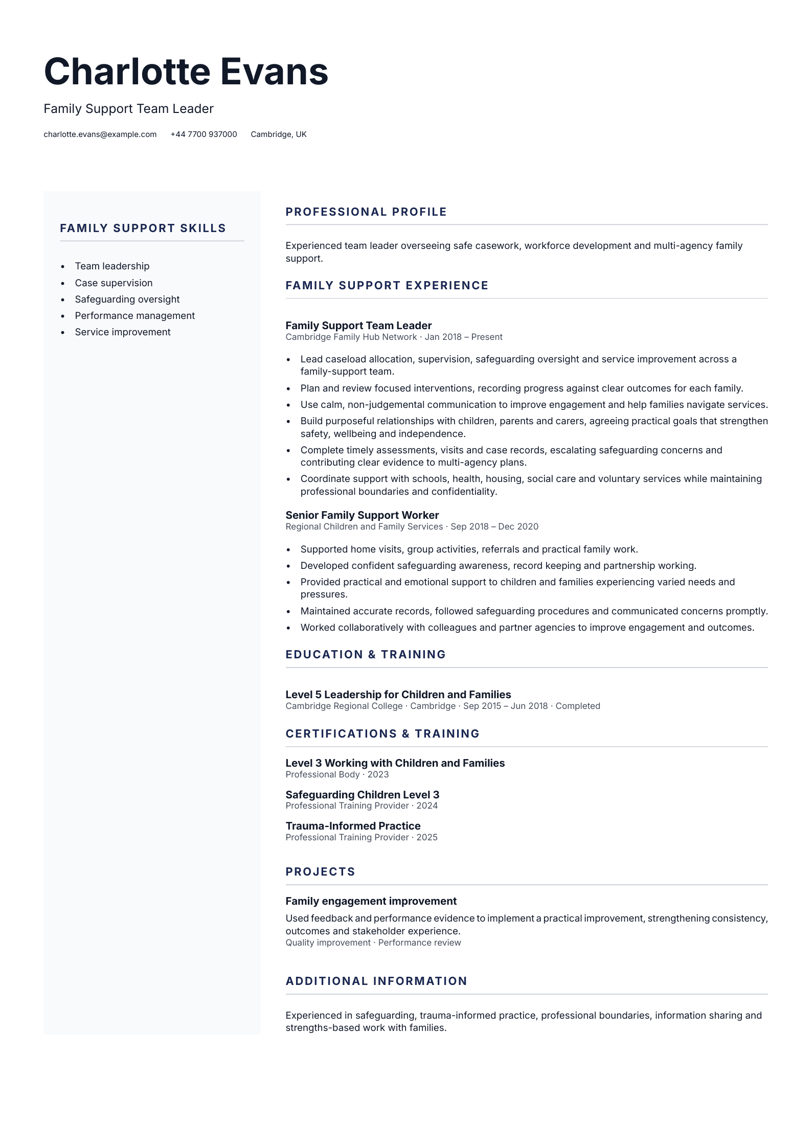Family Support Team Leader CV template