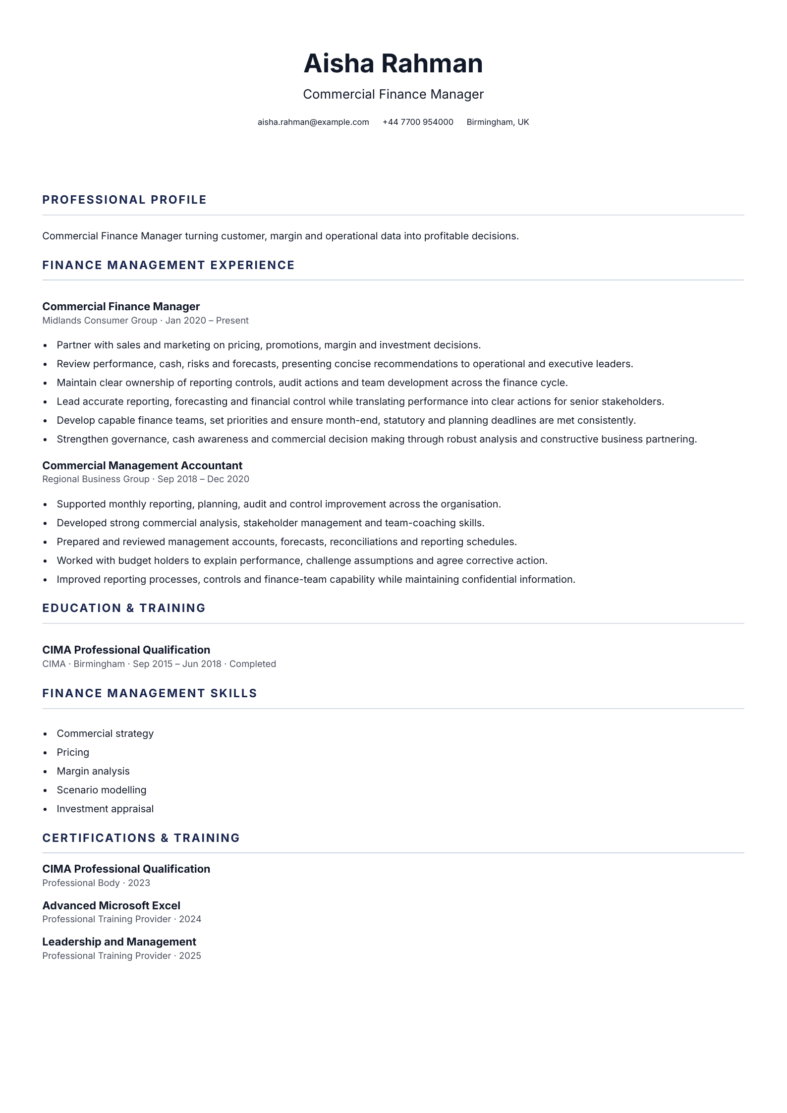 Commercial Finance Manager CV template