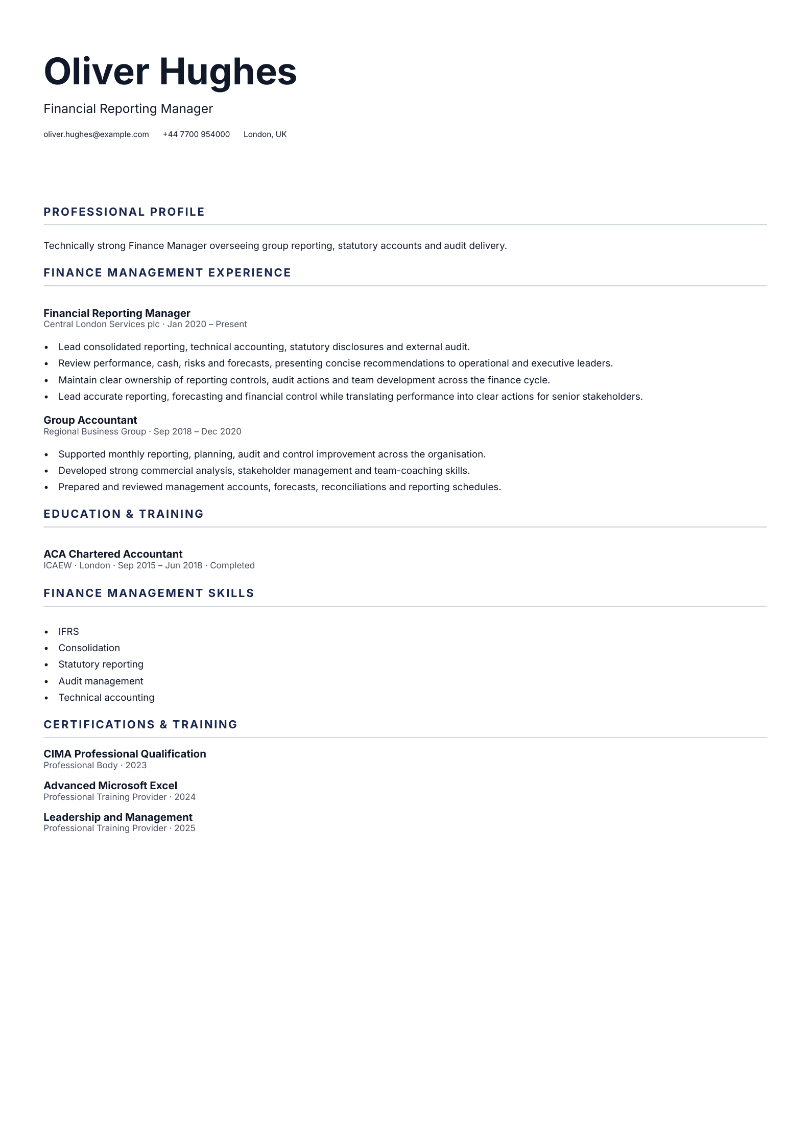 Financial Reporting Manager CV template