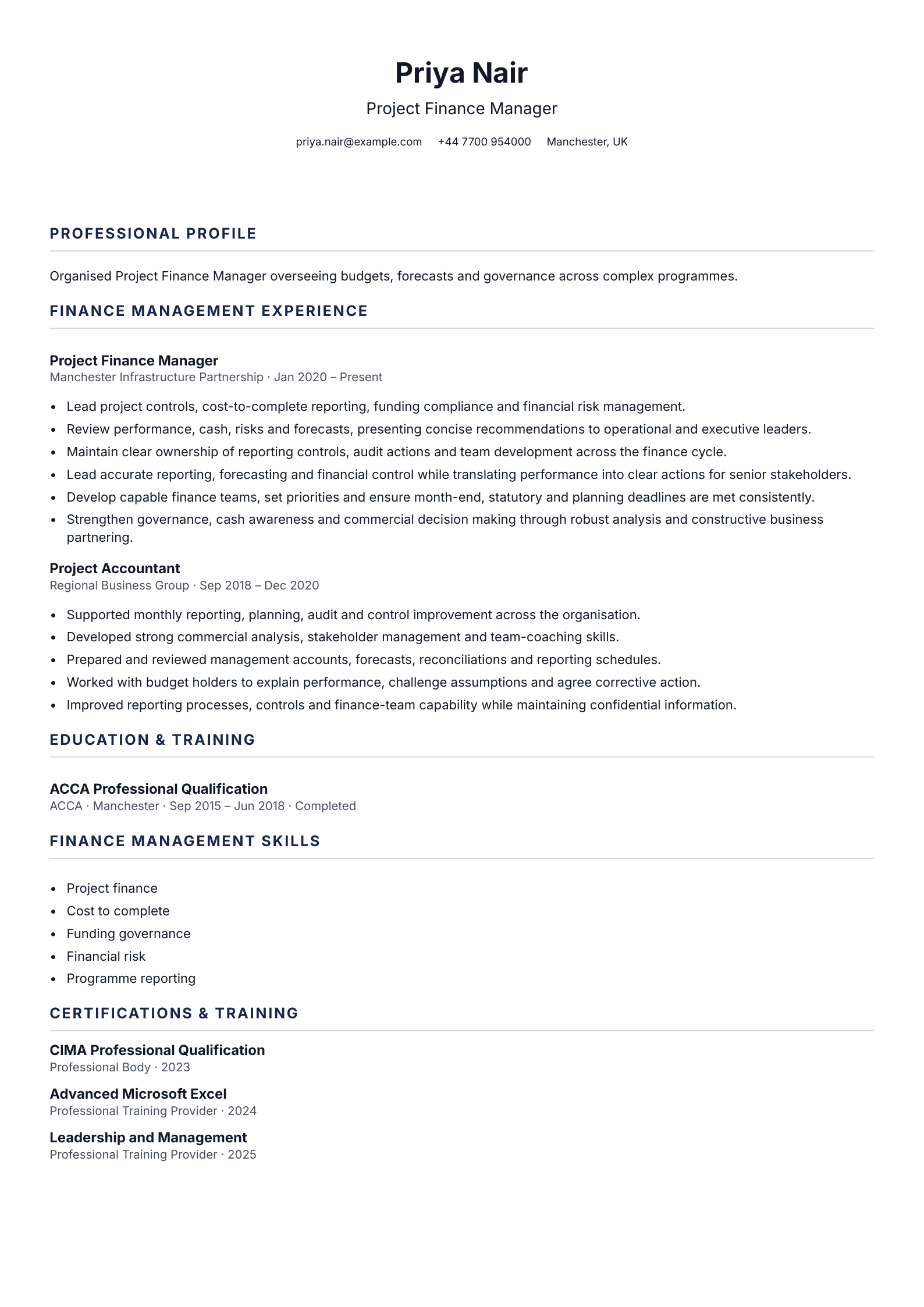 Project Finance Manager CV template