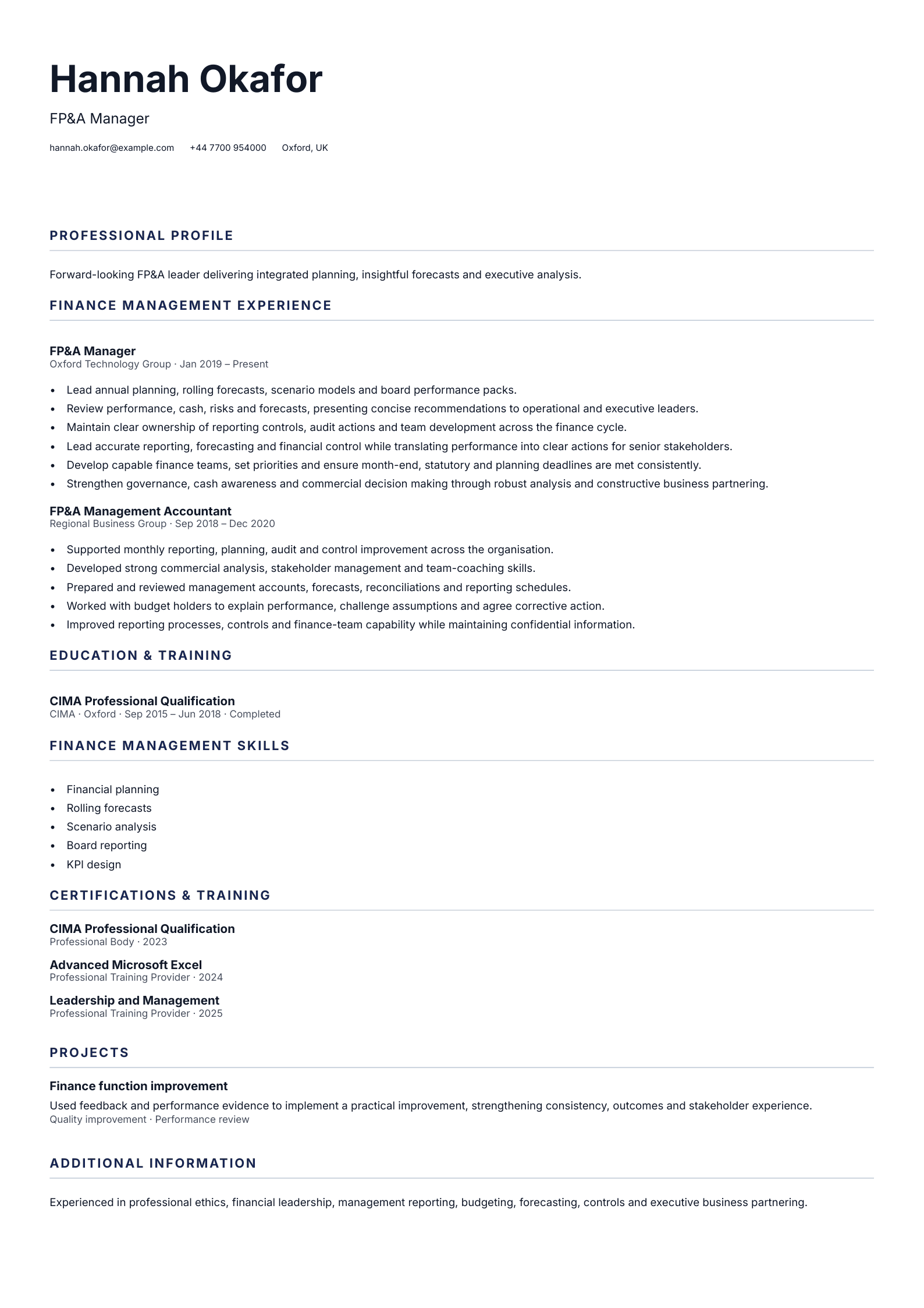 FP&A Manager CV template