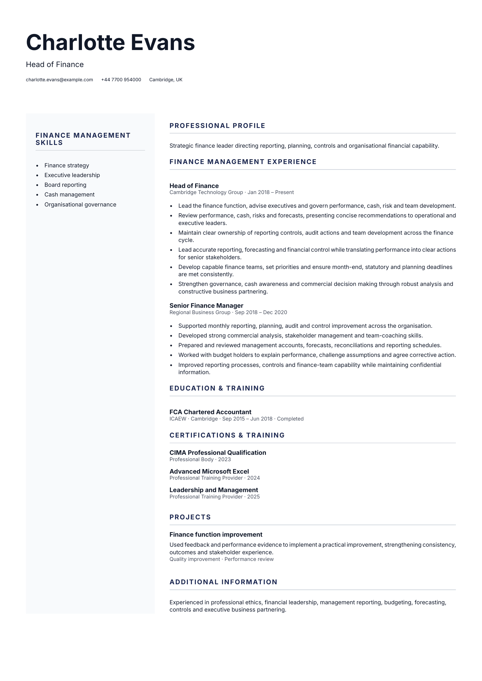 Head of Finance CV template