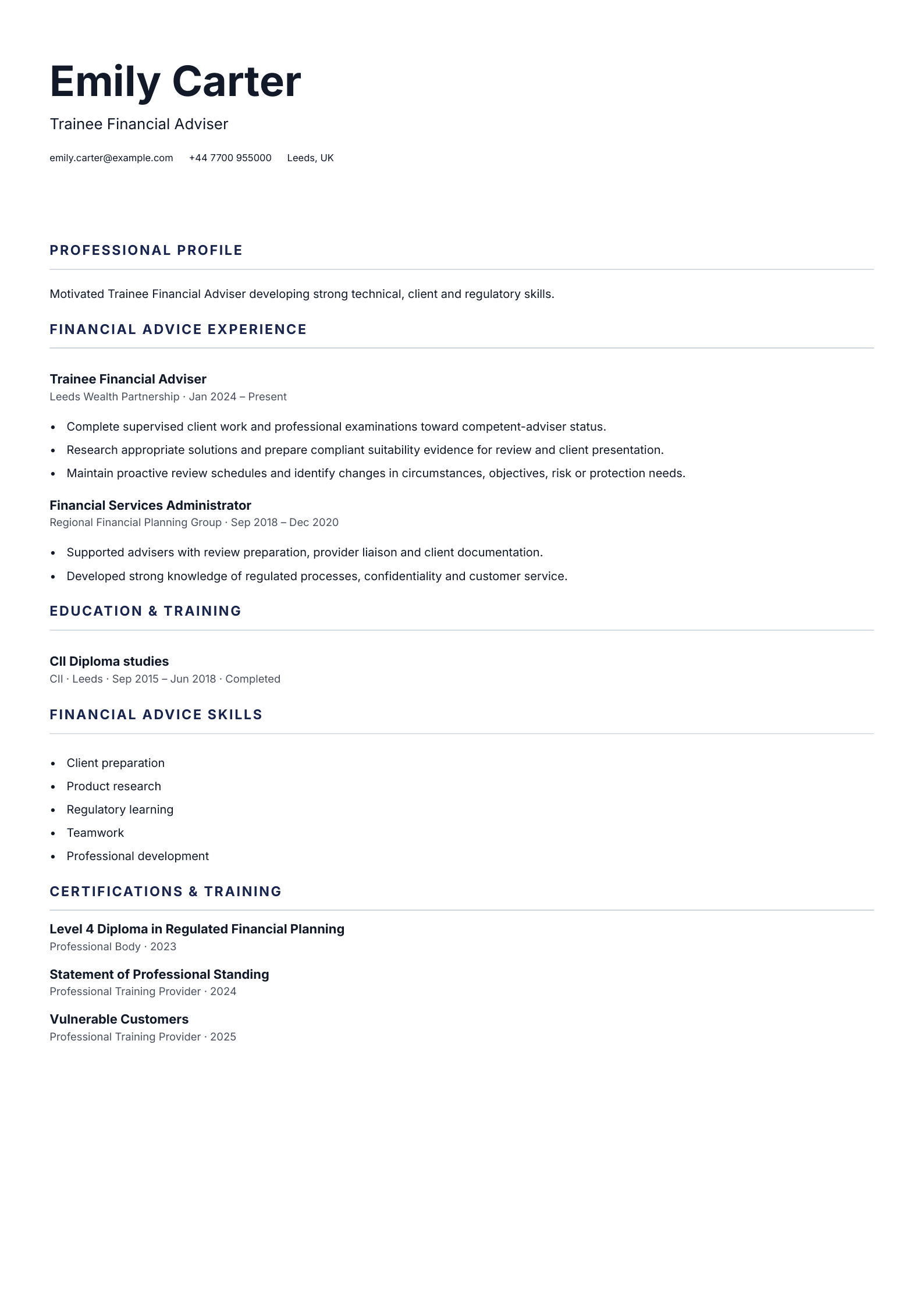 Trainee Financial Adviser CV template