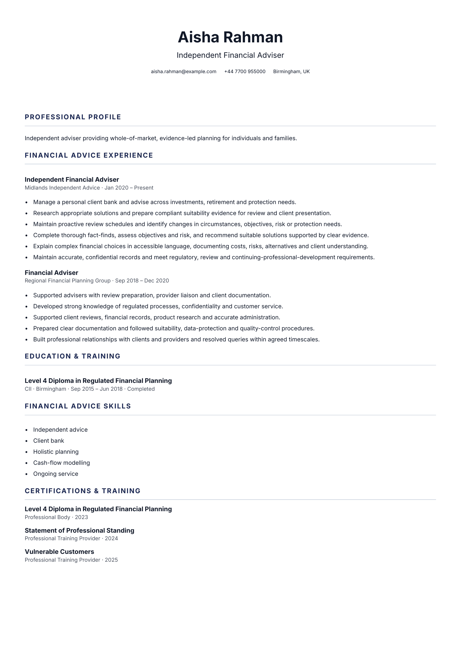 Independent Financial Adviser CV template