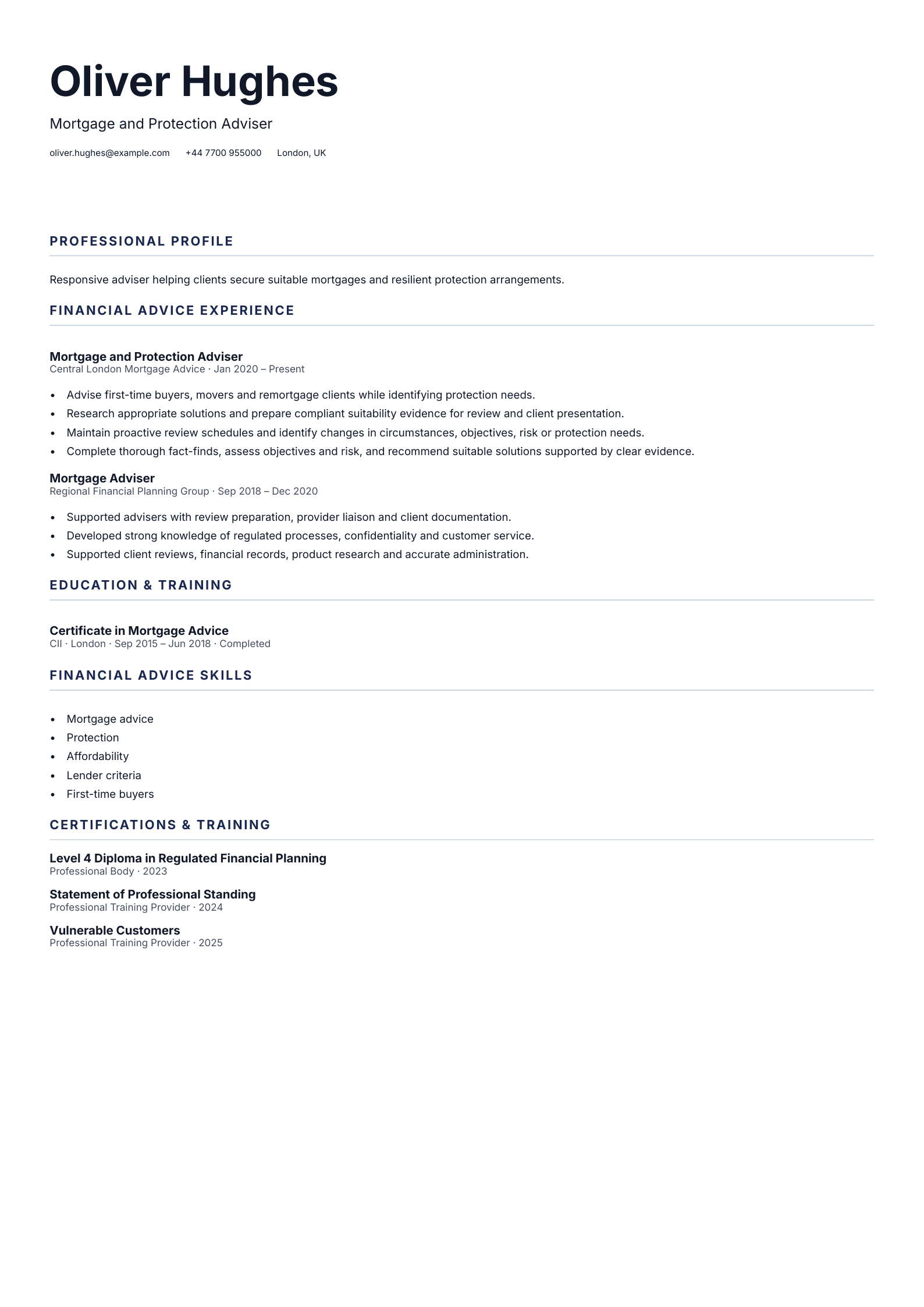 Mortgage and Protection Adviser CV template