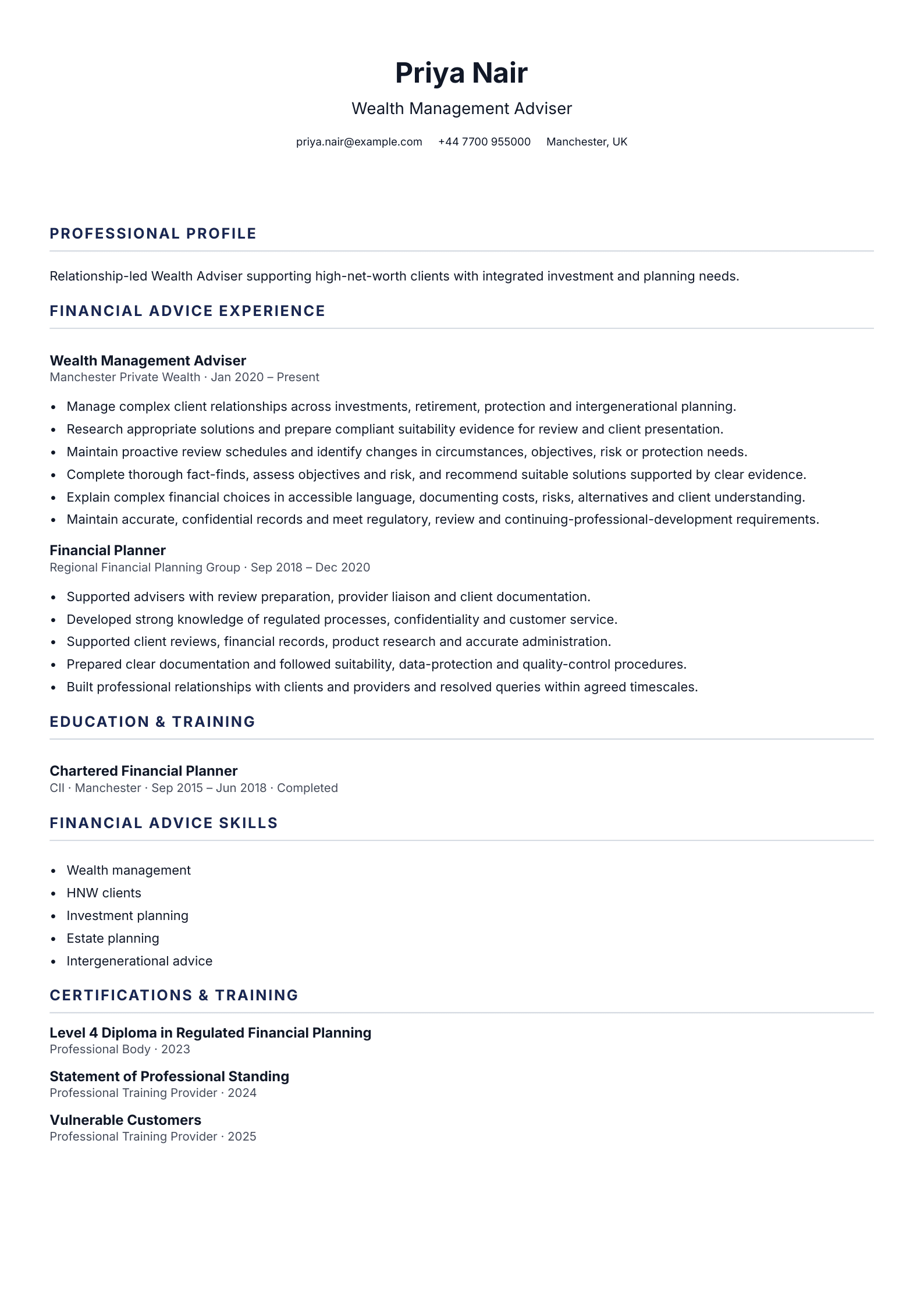 Wealth Management Adviser CV template