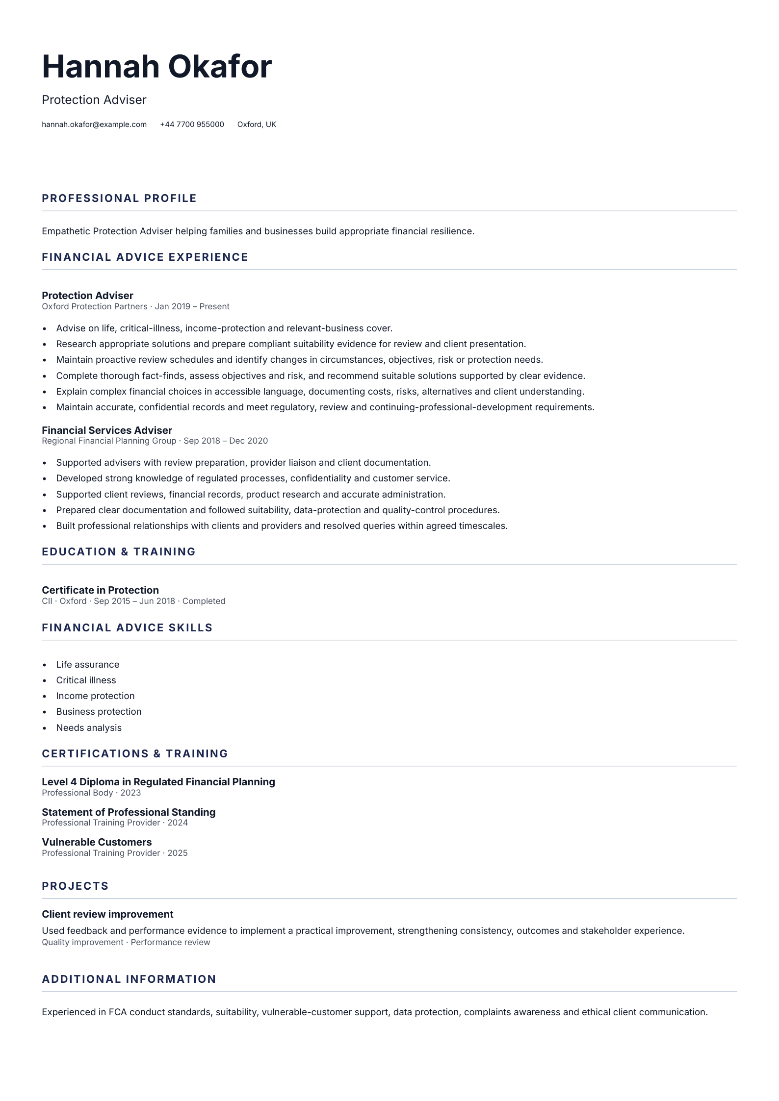 Protection Adviser CV template