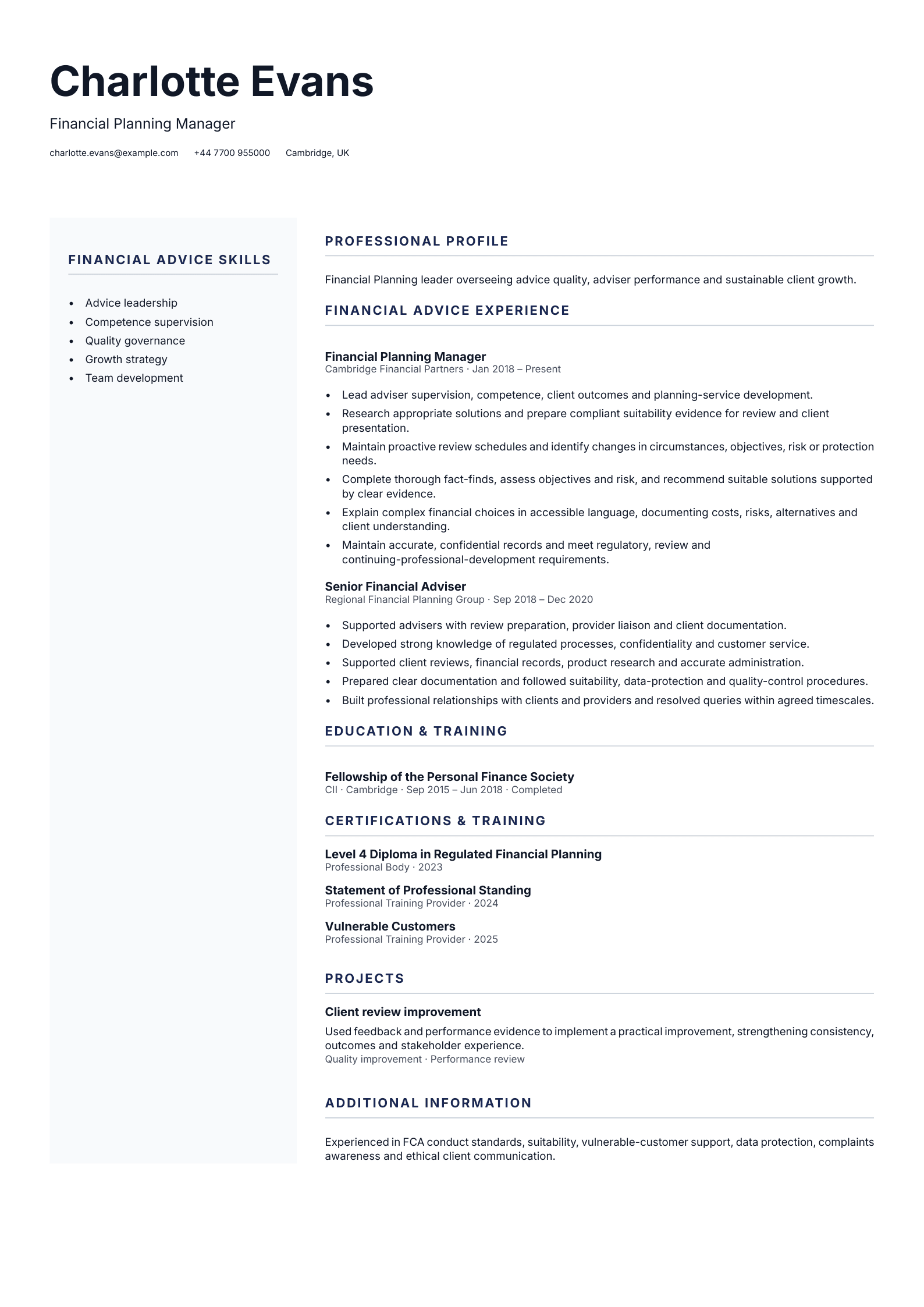 Financial Planning Manager CV template