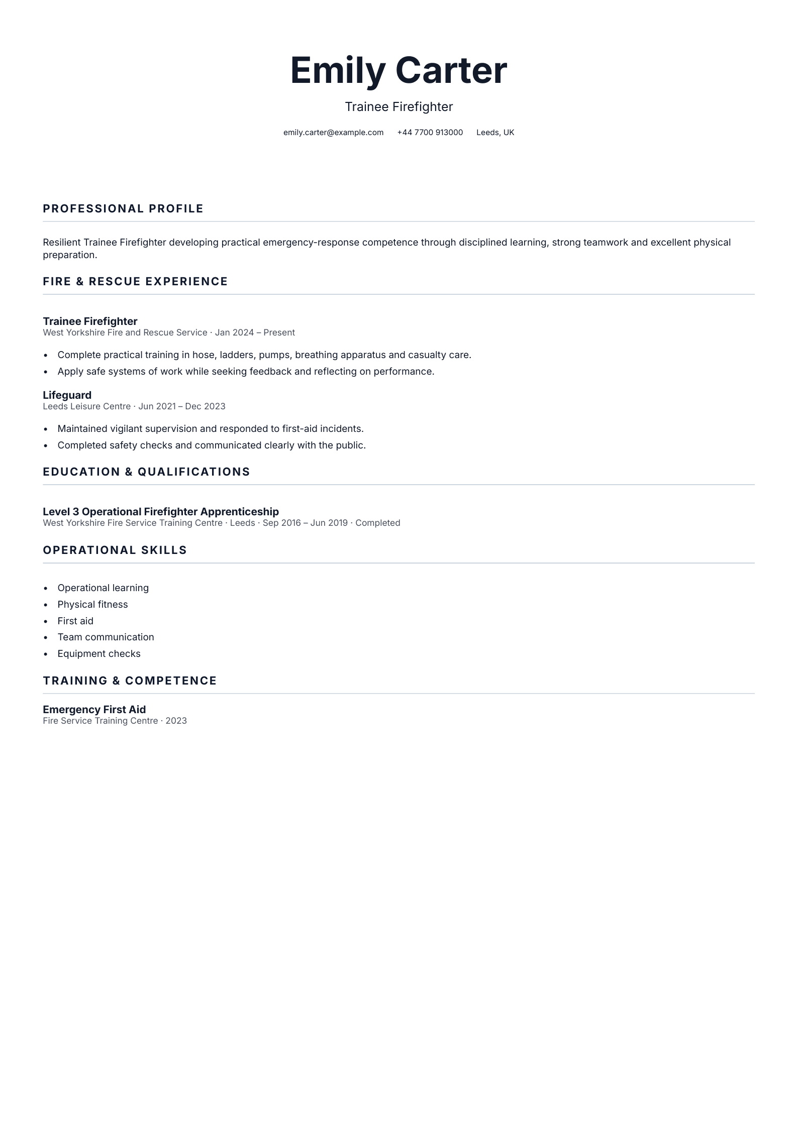 Trainee Firefighter CV template
