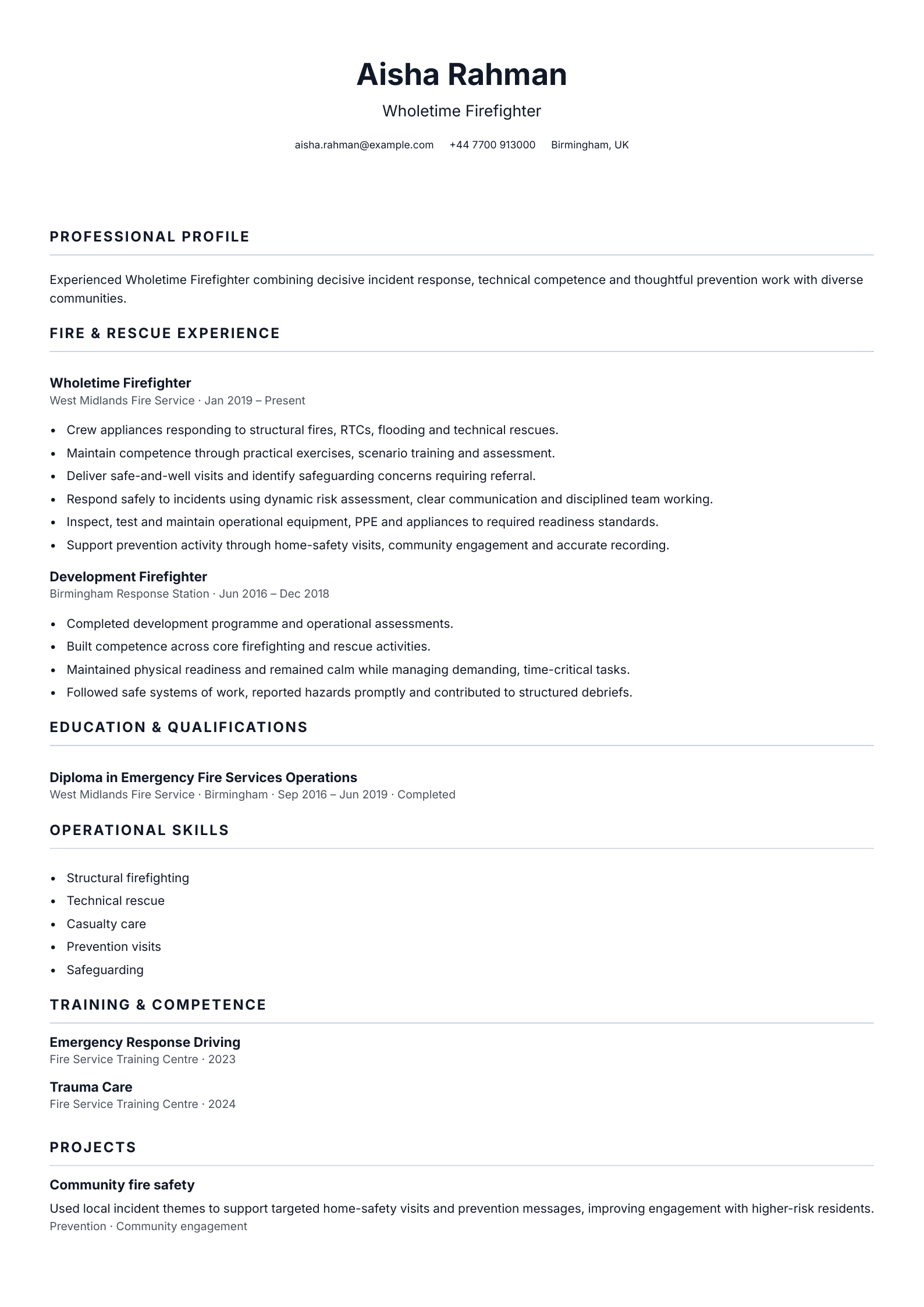 Wholetime Firefighter CV template