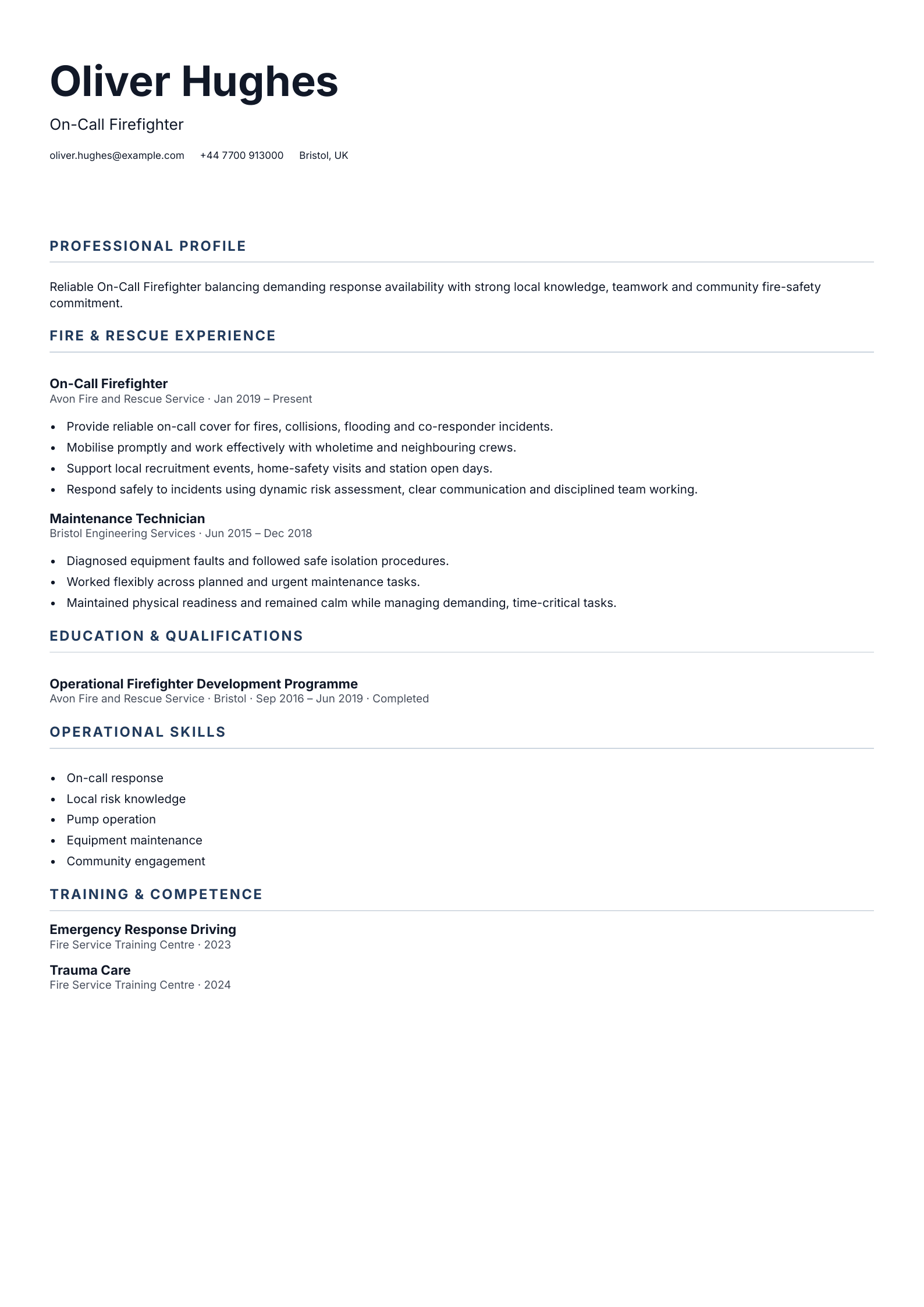 On-Call Firefighter CV template